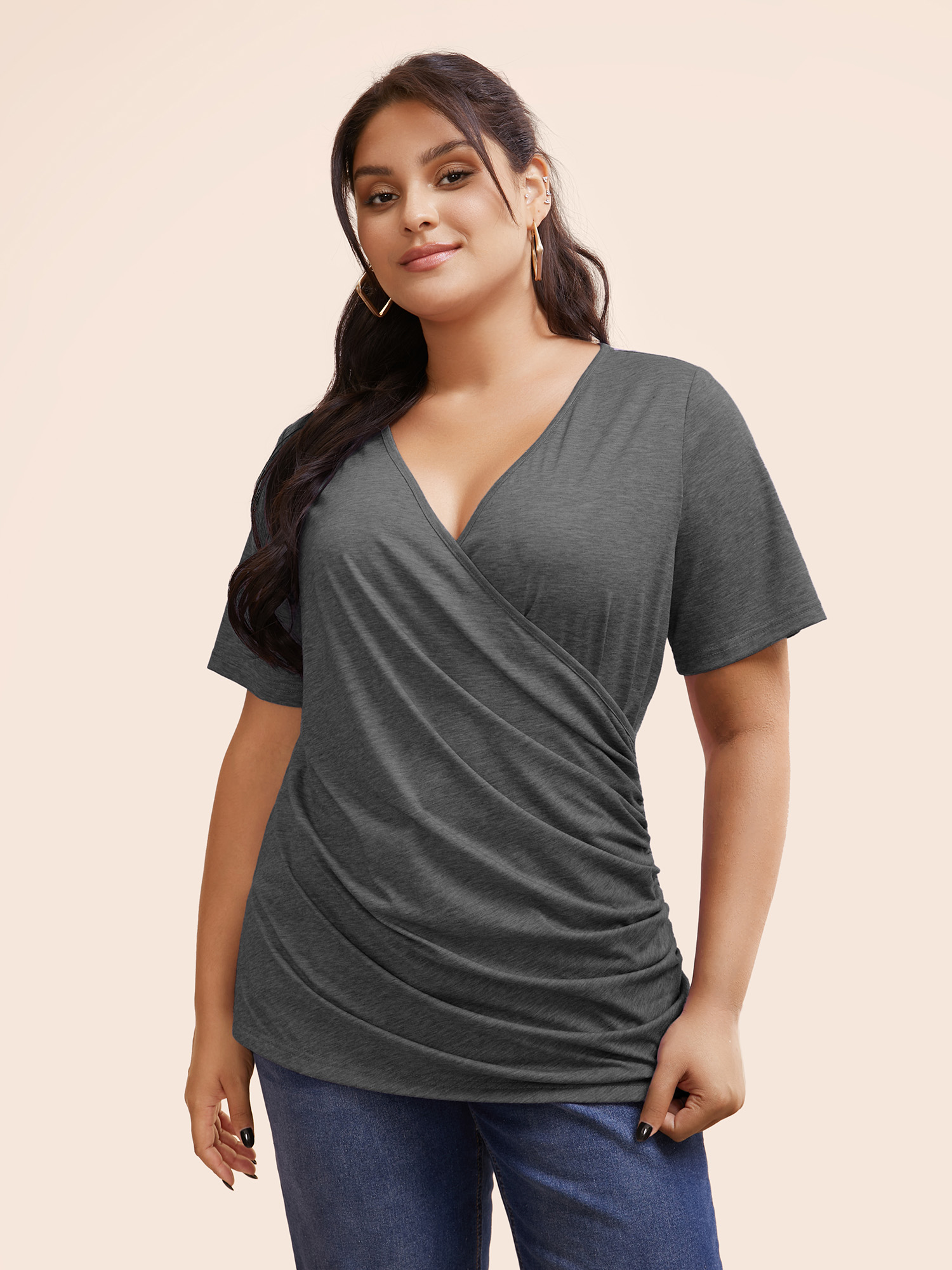 

Solid Heather Overlap Collar Gathered T-shirt, Dimgray