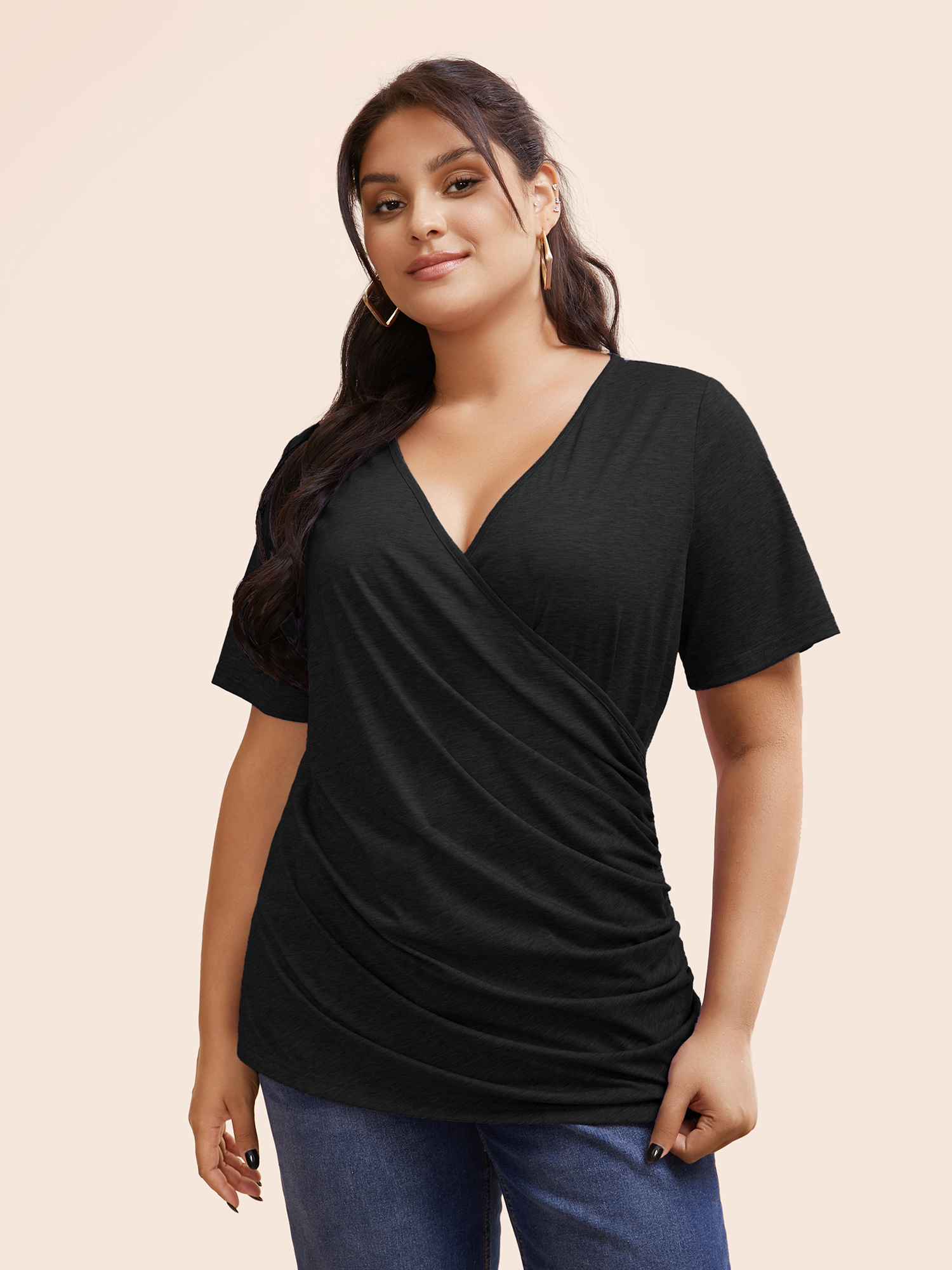 

Solid Heather Overlap Collar Gathered T-shirt, Black