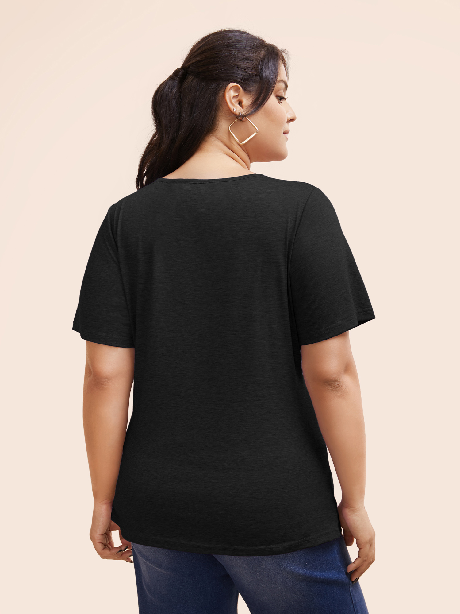 

Plus Size Solid Heather Overlap Collar Gathered T-shirt Black Overlap Collar Short sleeve Elegant Jersey Tops