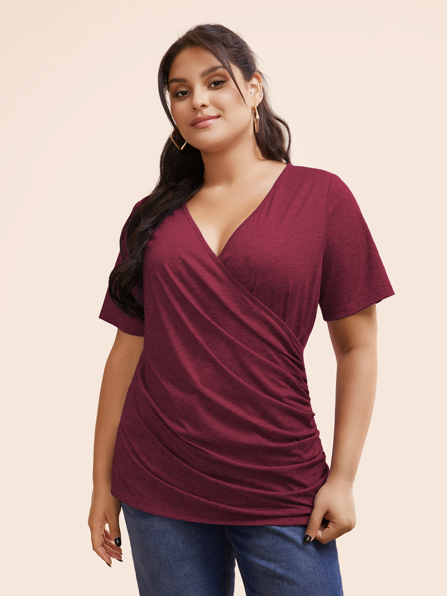 

Solid Heather Overlap Collar Gathered T-shirt, Burgundy