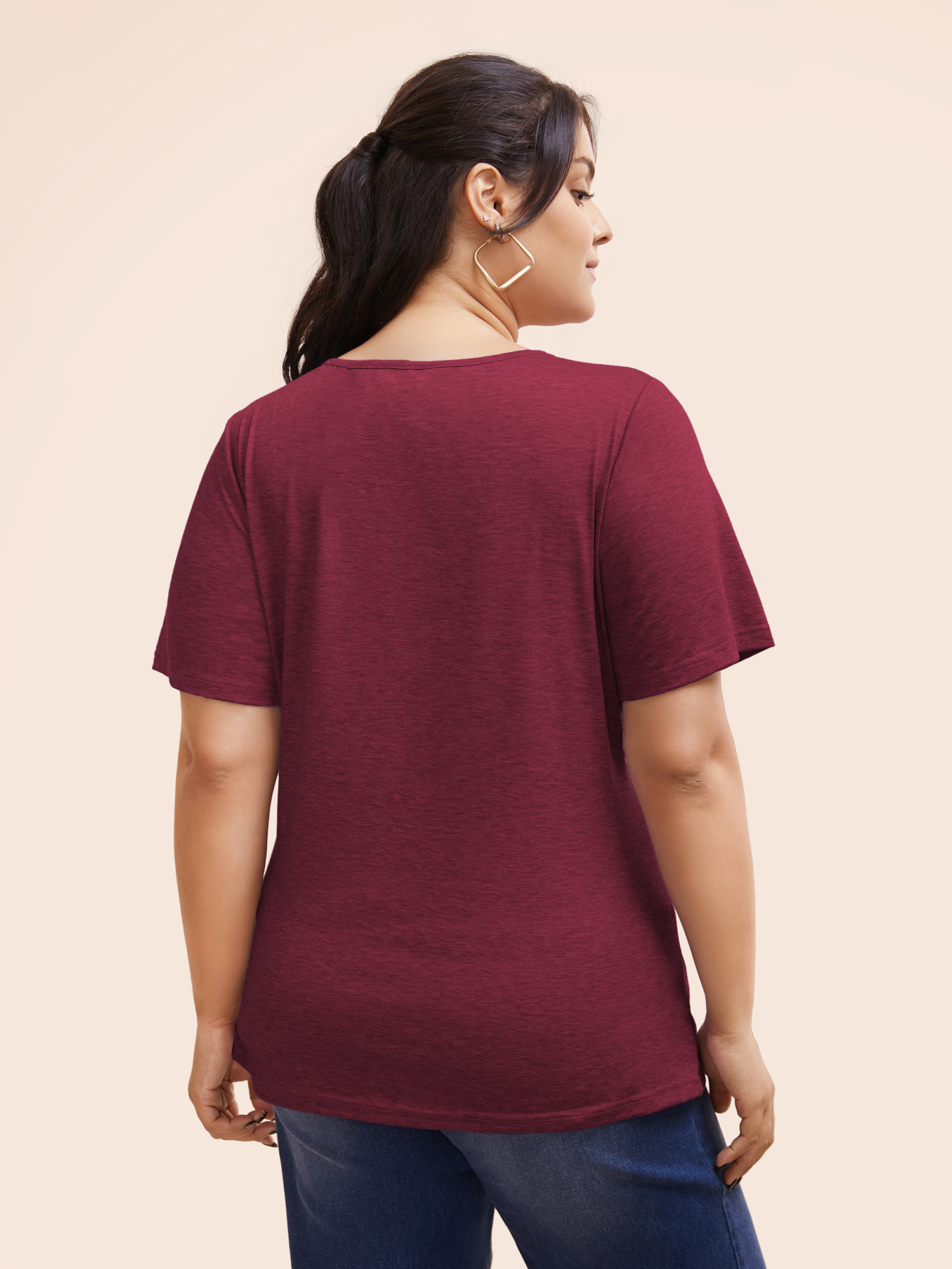 

Solid Heather Overlap Collar Gathered T-shirt, Burgundy