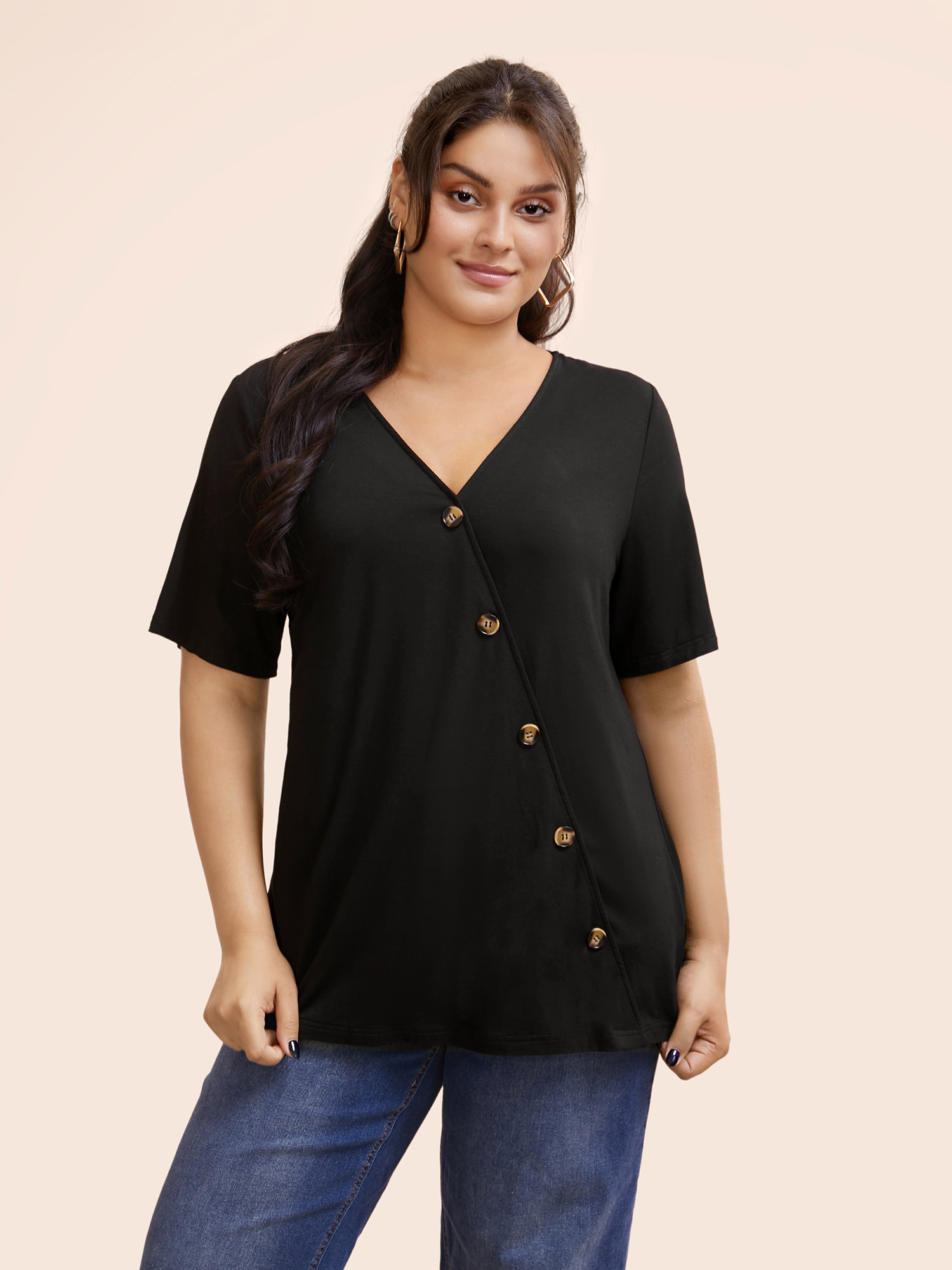 

Plus Size Plain V Neck Button Detail Flutter Sleeve T-shirt Black Women Casual Plain Plain V-neck Dailywear T-shirts BloomChic