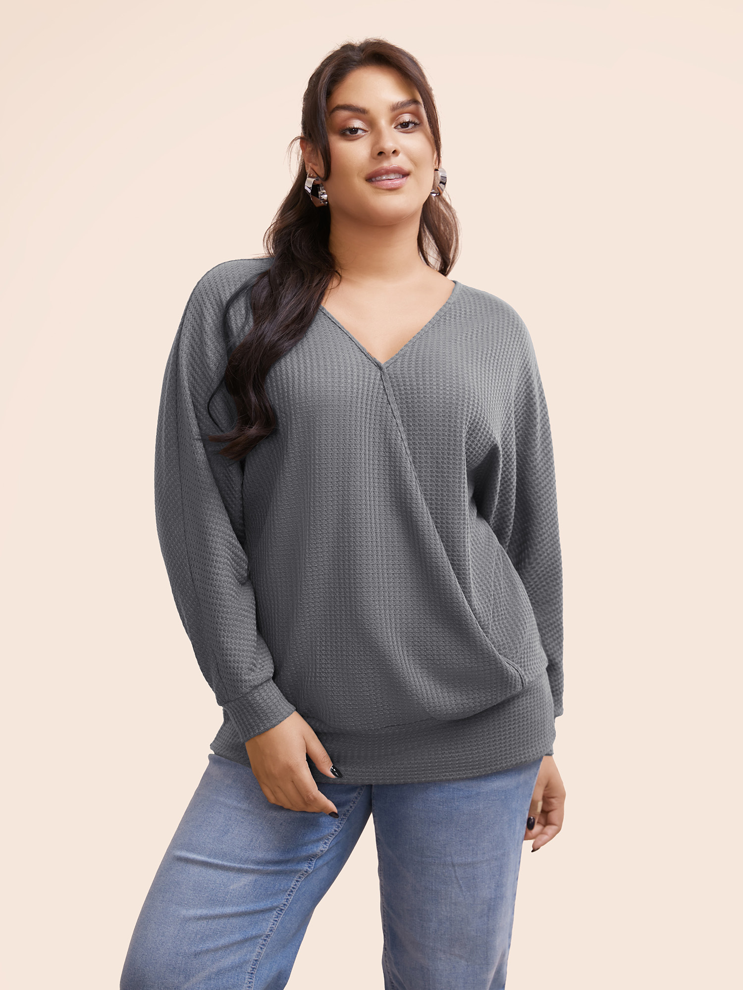 

Solid Waffle Knit Wrap Long Sleeve T-shirt, Gray