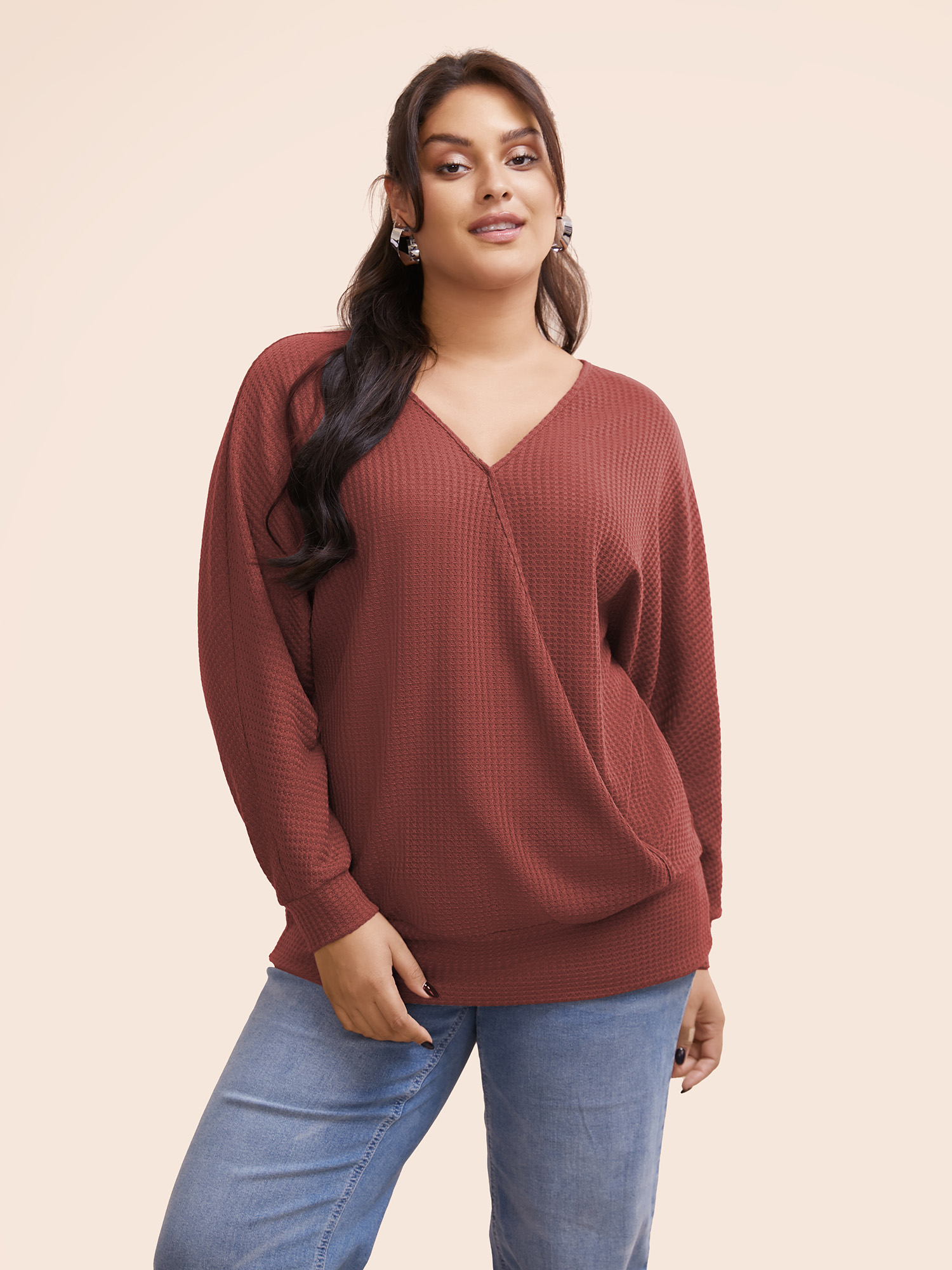 

Plus Size Solid Waffle Knit Wrap Long Sleeve T-shirt Russet V-neck Long Sleeve Casual Jersey Tops