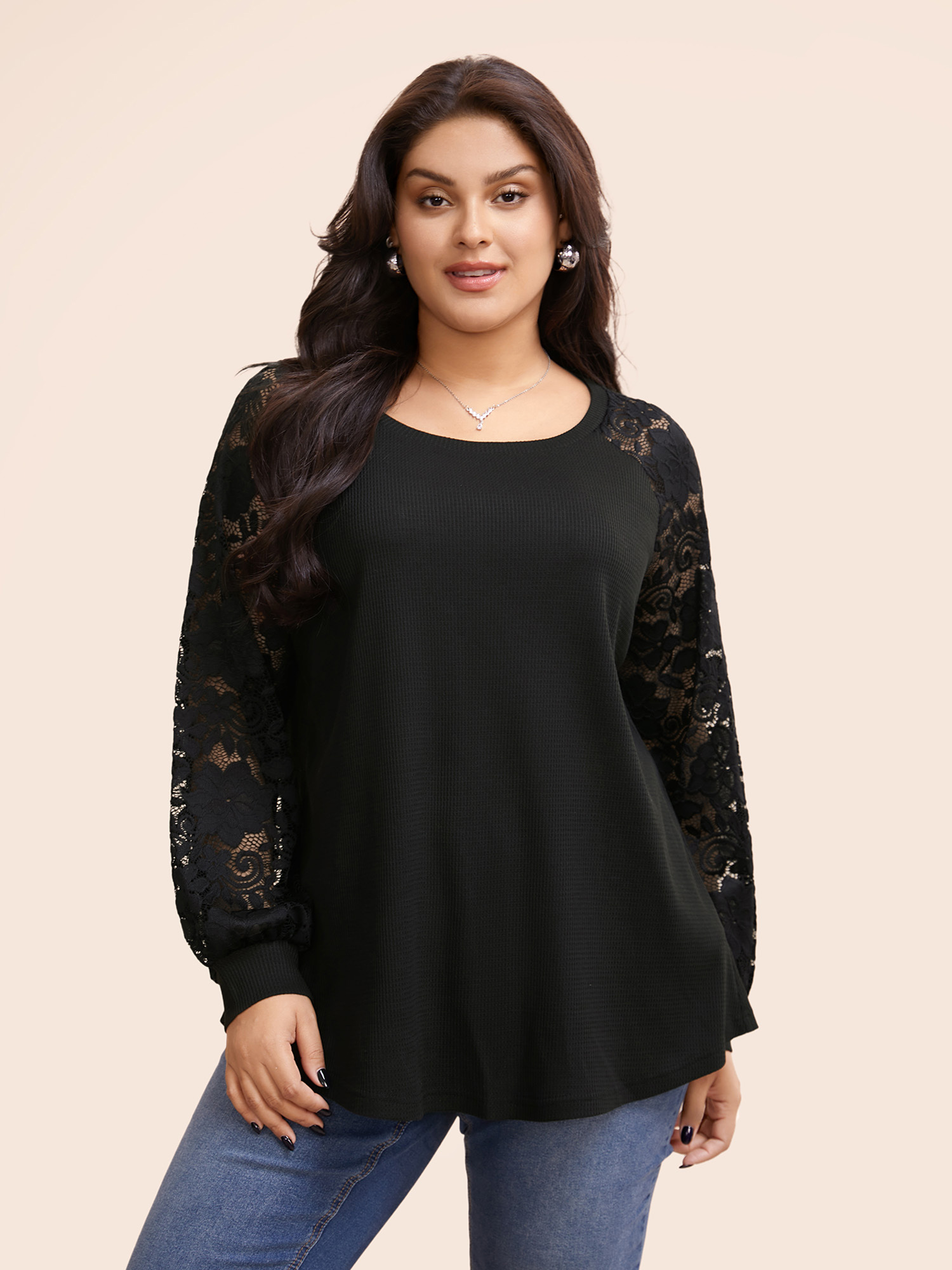 

Plus Size Plain Lace Panel Round Neck Raglan Sleeve T-shirt Black Women Elegant Non Plain Round Neck Everyday T-shirts BloomChic