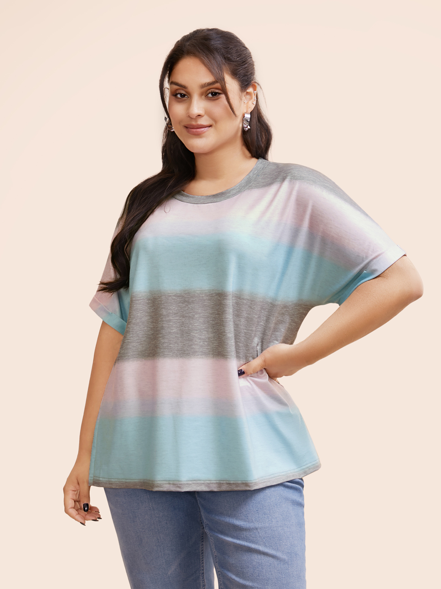 

Plus Size Striped Contrast Roll Dolman Sleeve T-shirt Multicolor Women Casual Contrast Striped Round Neck Everyday T-shirts BloomChic