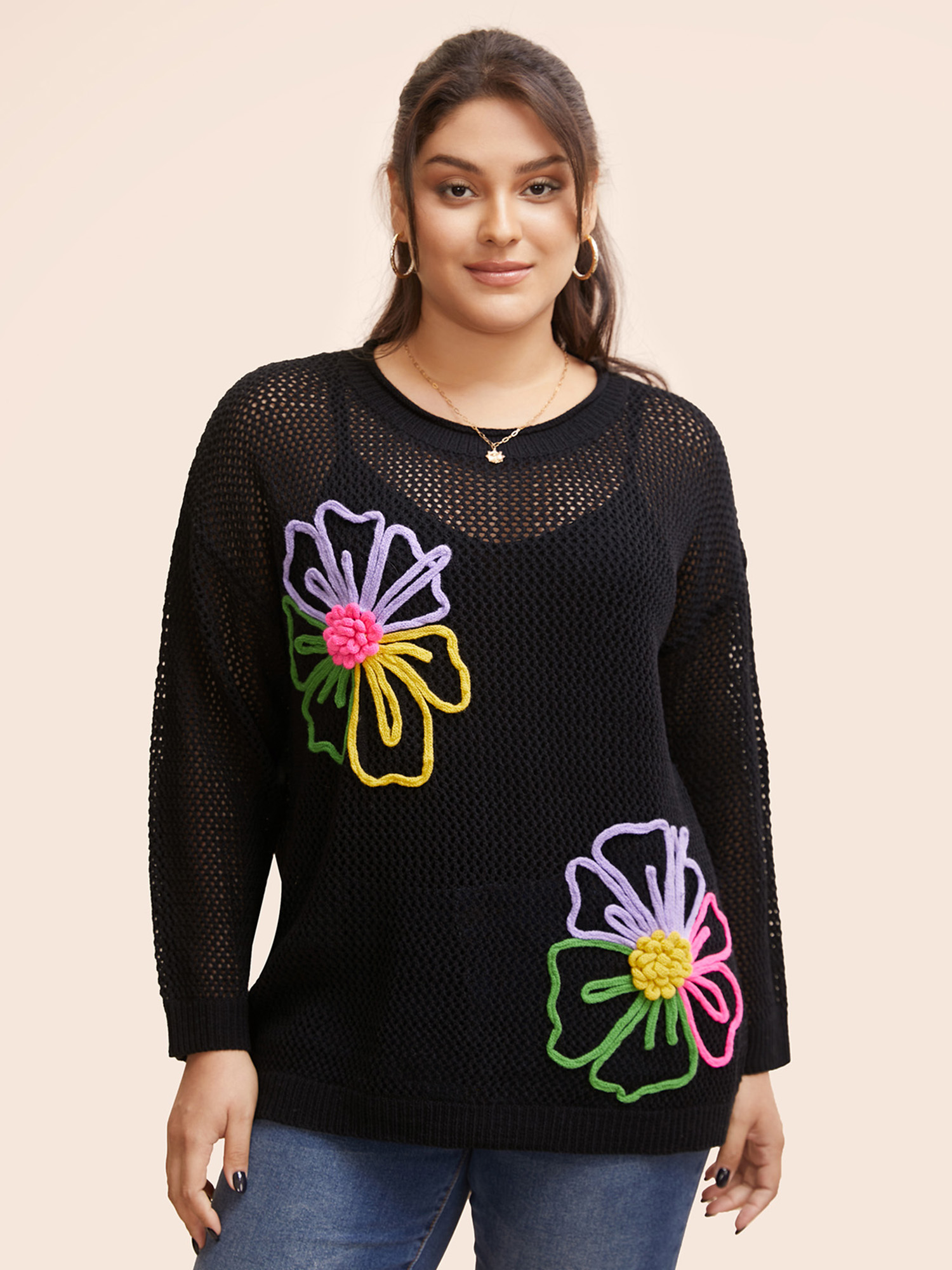 

Plus Size Crochet Floral Contrast Texture Pullover Black Women Casual Long Sleeve Round Neck Everyday Pullovers BloomChic