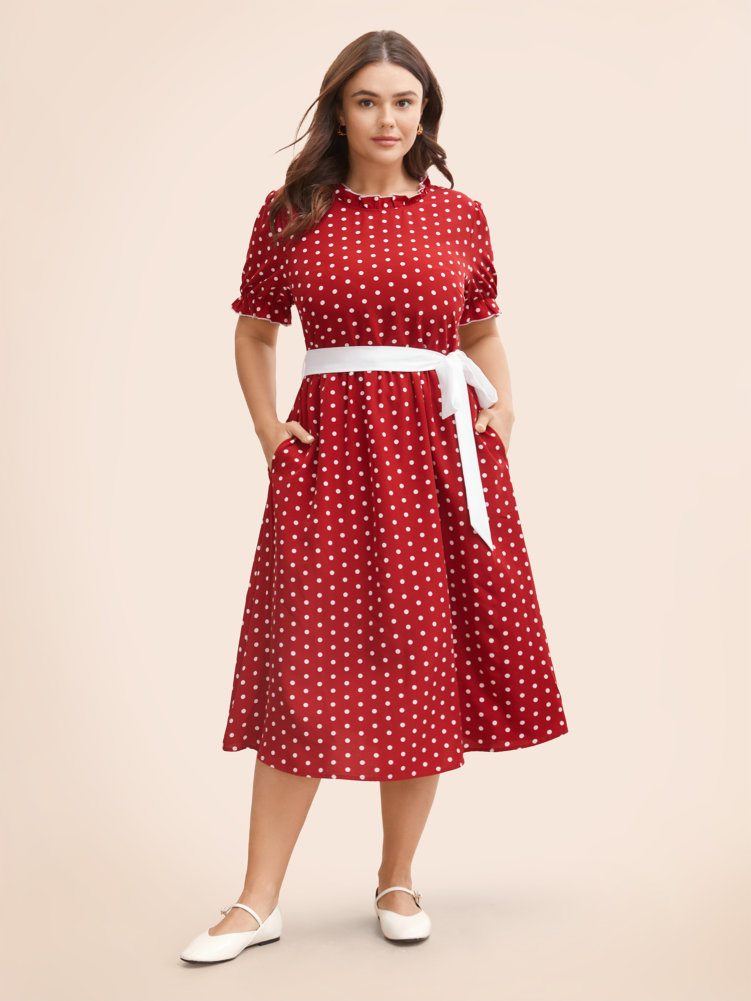 

Plus Size Bow Polka Dot Midi Dress Scarlet Women Elegant Belted Mock Neck Short sleeve Curvy BloomChic