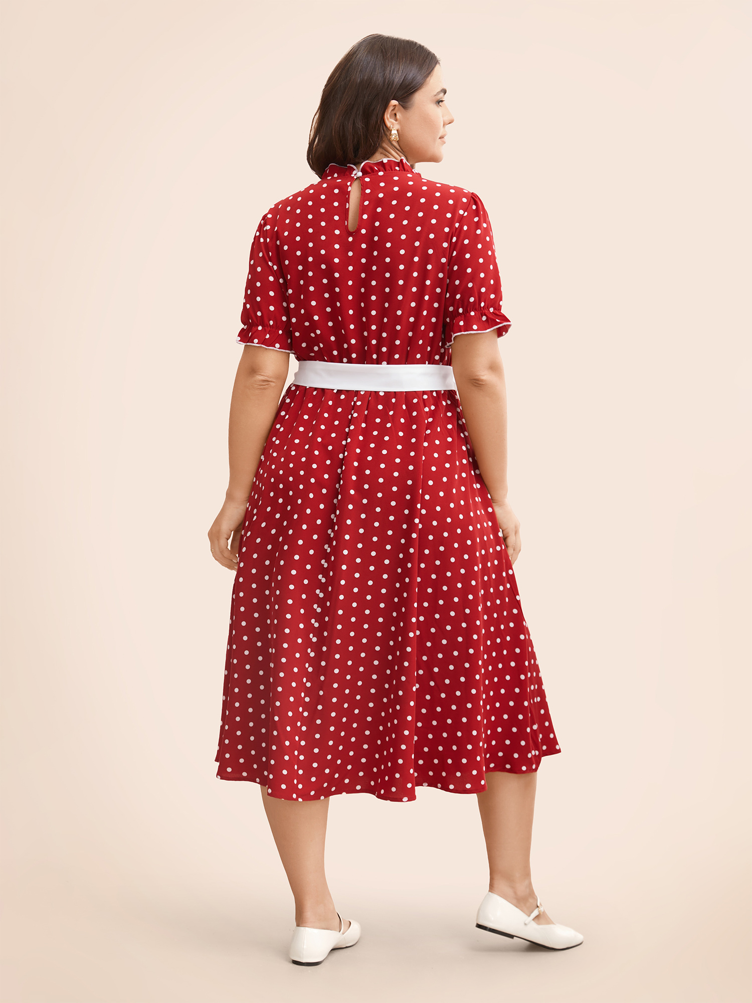 

Plus Size Bow Polka Dot Midi Dress Scarlet Women Elegant Belted Mock Neck Short sleeve Curvy BloomChic