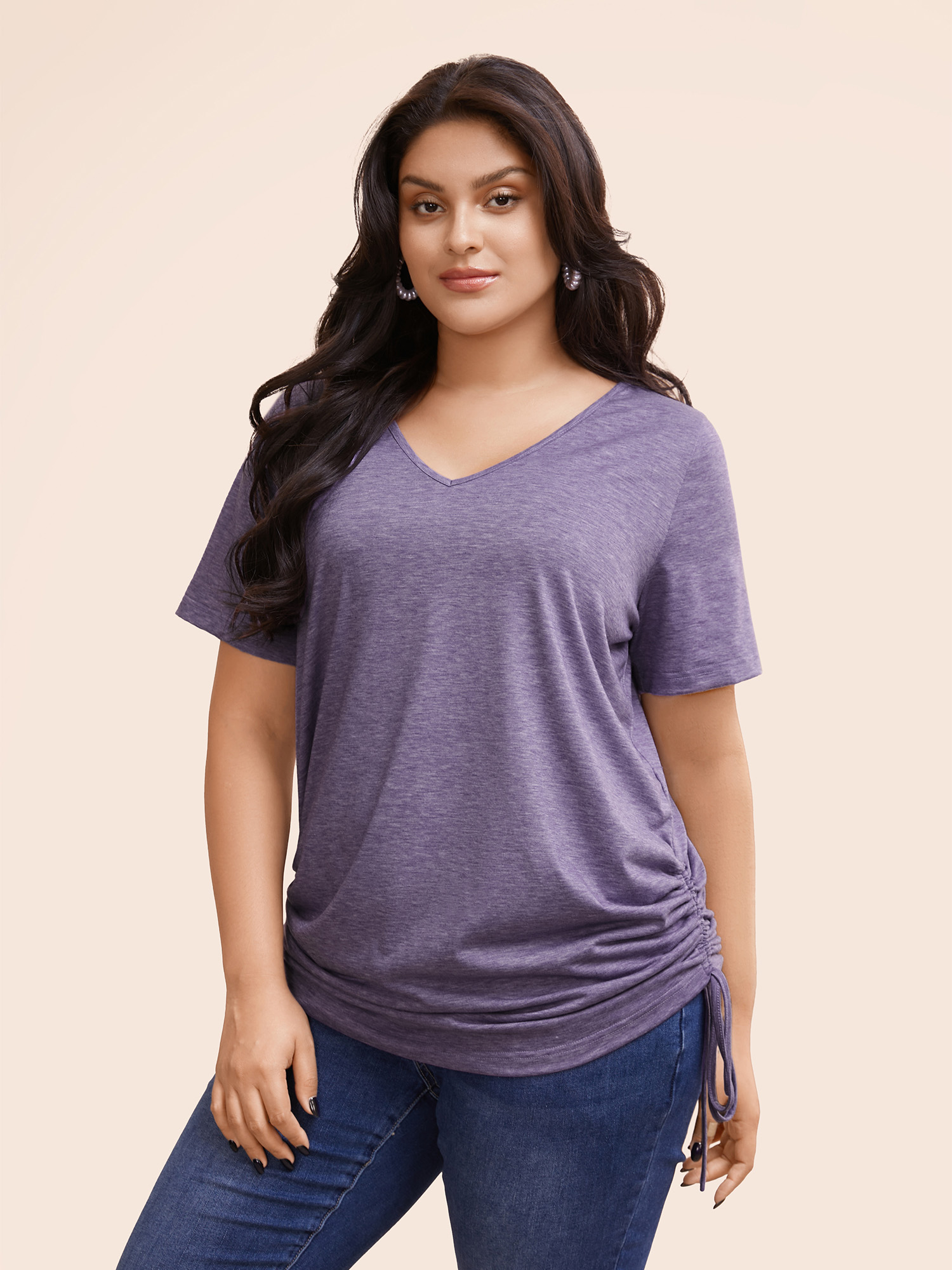 

Plus Size Plain Roll Sleeve Drawstring Side Ruched Hem T-shirt Heather Women Casual Ruched Plain V-neck Everyday T-shirts BloomChic