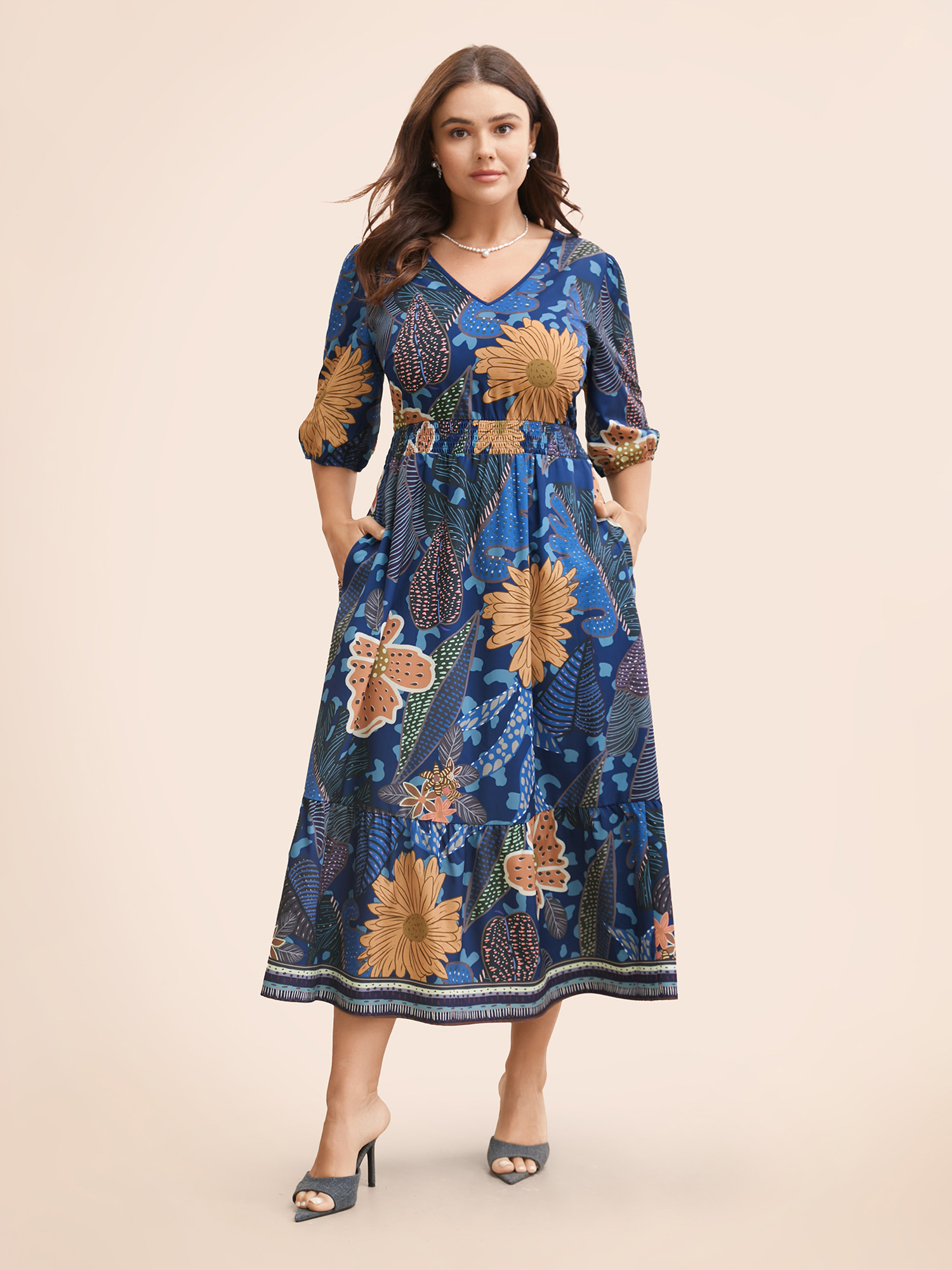 

Plus Size Floral Shirred Lantern Sleeve Midi Dress Mediumblue Women Resort Gathered V-neck Half Sleeve Curvy BloomChic