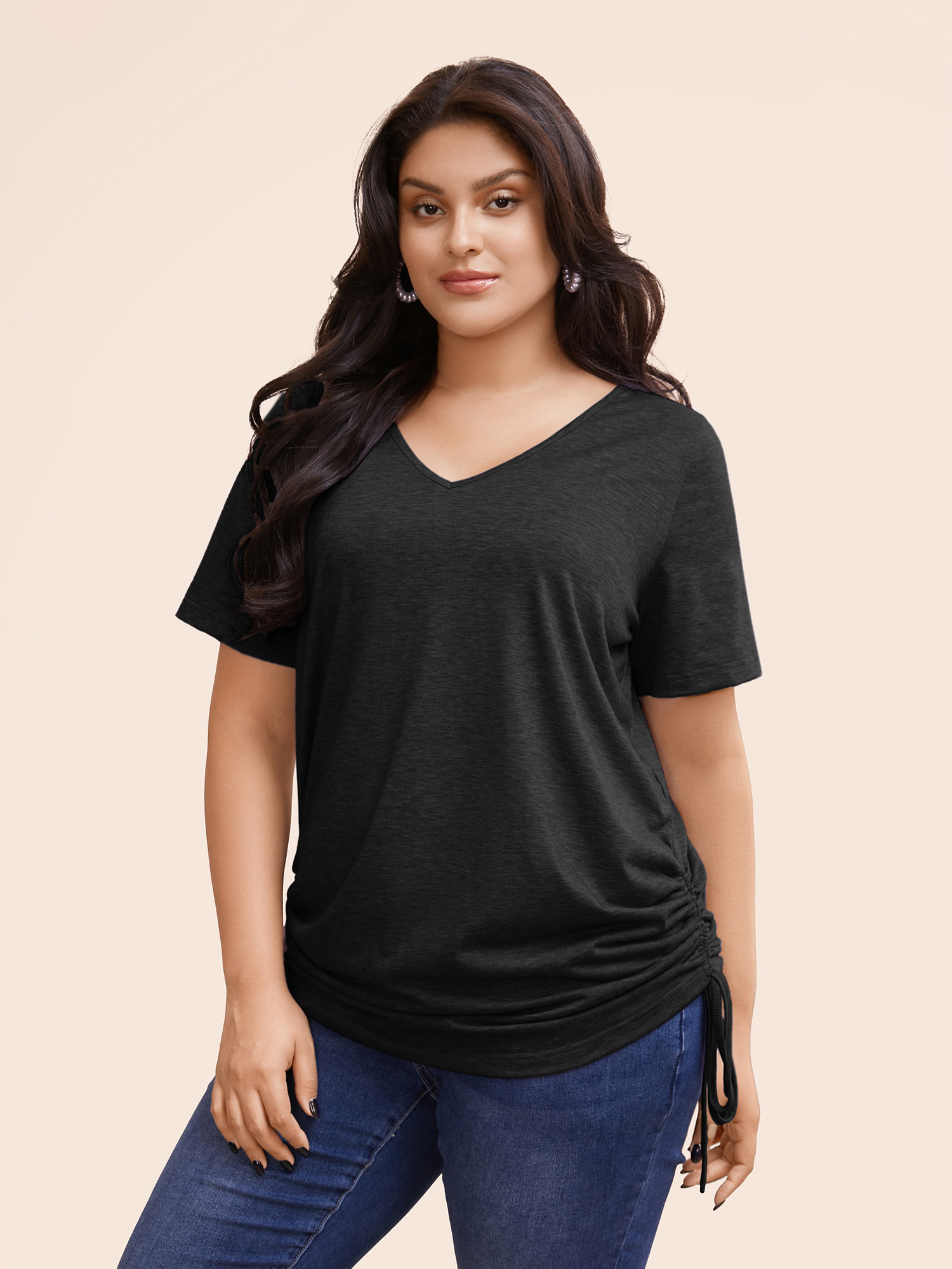 

Plus Size Plain Roll Sleeve Drawstring Side Ruched Hem T-shirt Black Women Casual Ruched Plain V-neck Everyday T-shirts BloomChic