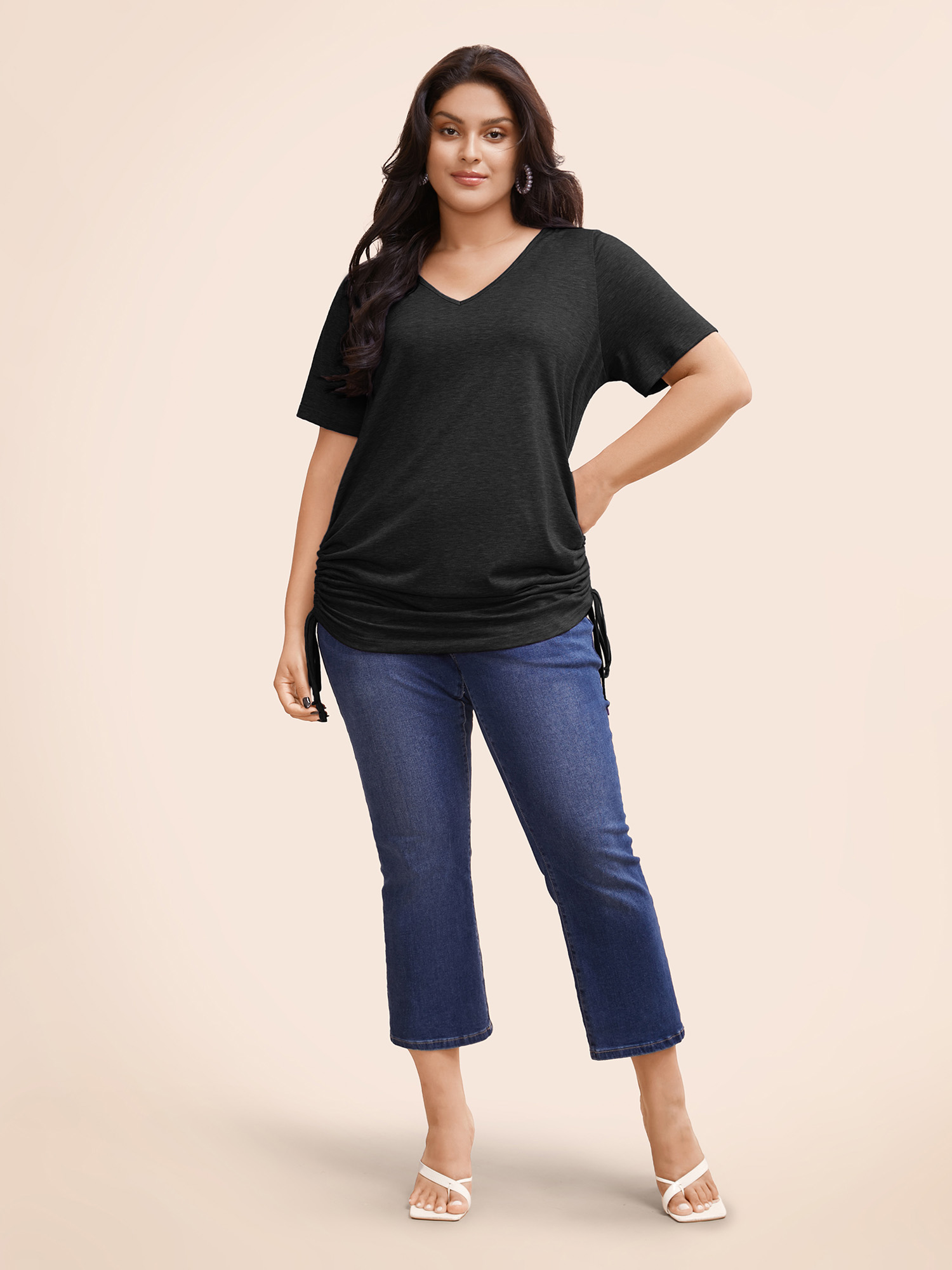 Plus Size Plain Roll Sleeve Drawstring Side Ruched Hem T-shirt Black Women Casual Ruched Plain V-neck Everyday T-shirts BloomChic 14-16/1X 