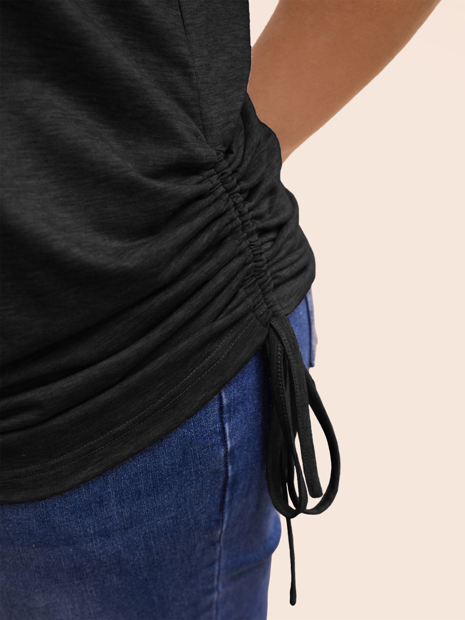 Plus Size Plain Roll Sleeve Drawstring Side Ruched Hem T-shirt Black Women Casual Ruched Plain V-neck Everyday T-shirts BloomChic 14-16/1X 