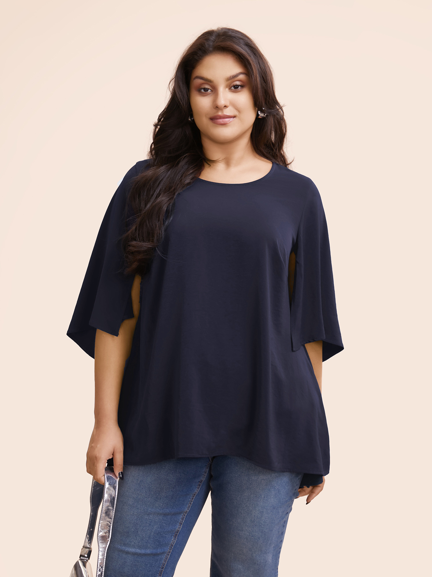 

Plus Size Indigo Anti-Wrinkle Plain Mesh Flutter Sleeve Hanky Hem Blouse Women Office Elbow-length sleeve Round Neck Dailywear Blouses BloomChic