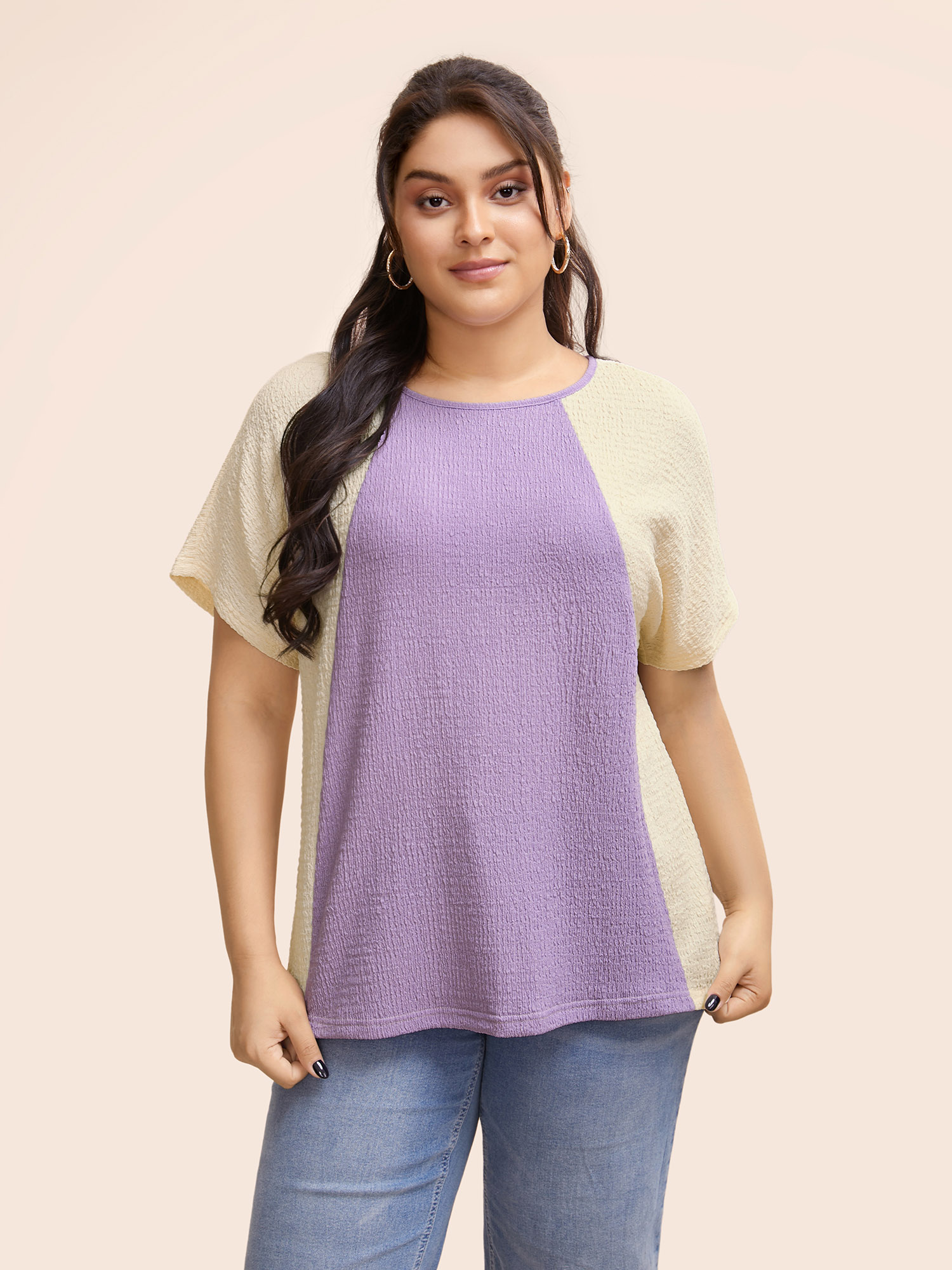 

Plus Size Texture Patchwork Contrast Dolman Sleeve T-shirt Lilac Women Elegant Texture Round Neck Everyday T-shirts BloomChic