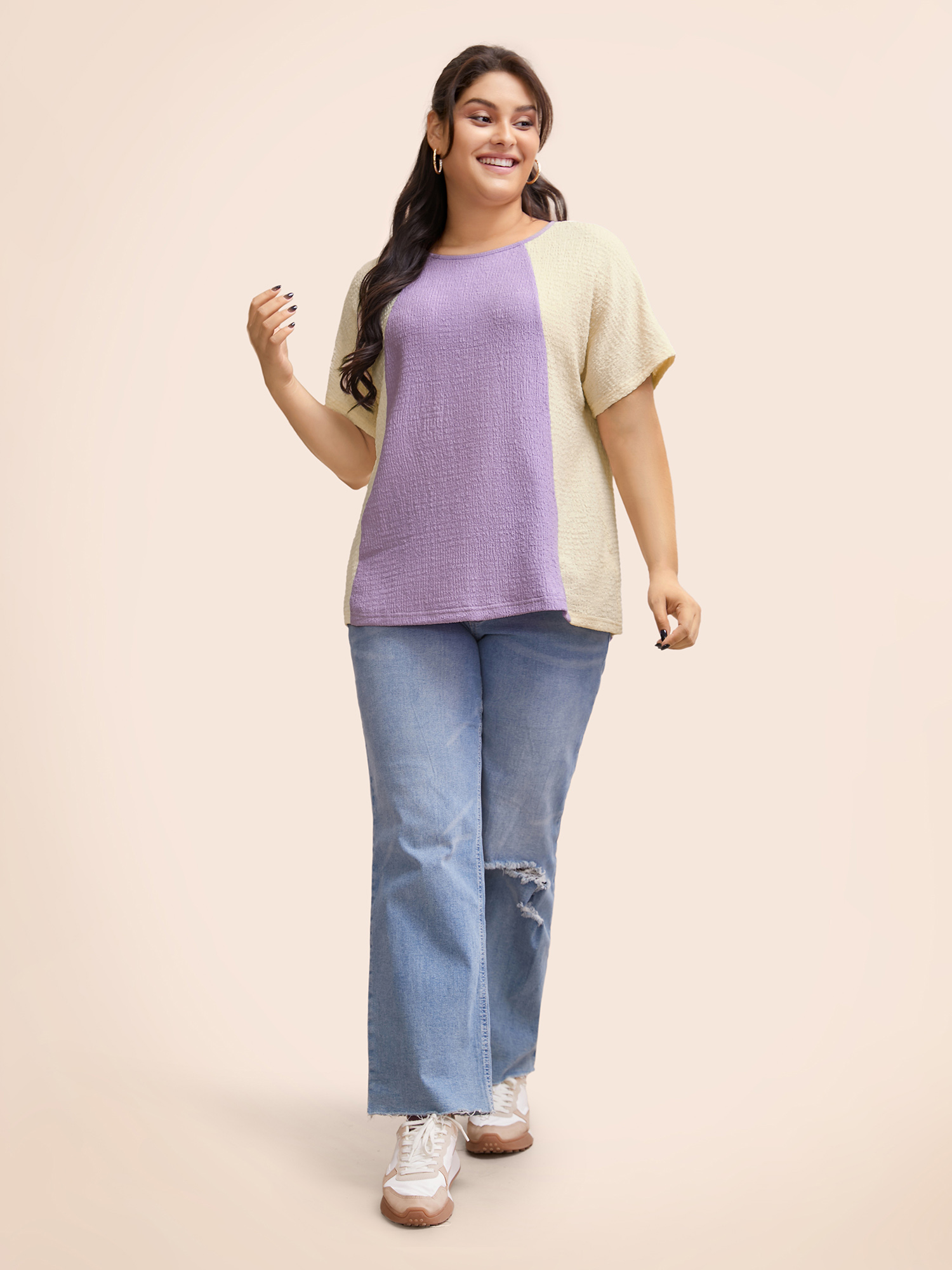 

Plus Size Texture Patchwork Contrast Dolman Sleeve T-shirt Lilac Women Elegant Texture Round Neck Everyday T-shirts BloomChic