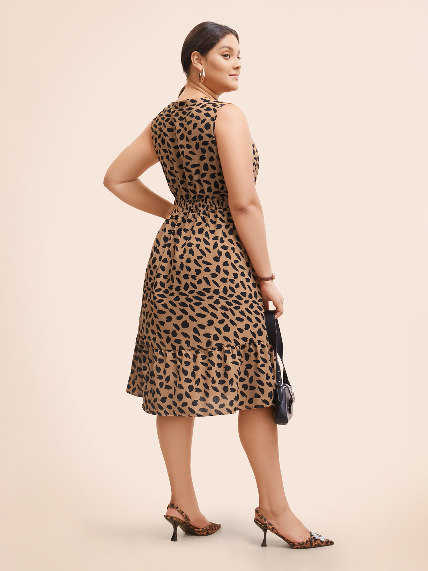 

Plus Size Leopard Print Notched Shirred Tank Dress Tan Women At the Office Button Flat collar with V-notch Sleeveless Curvy BloomChic