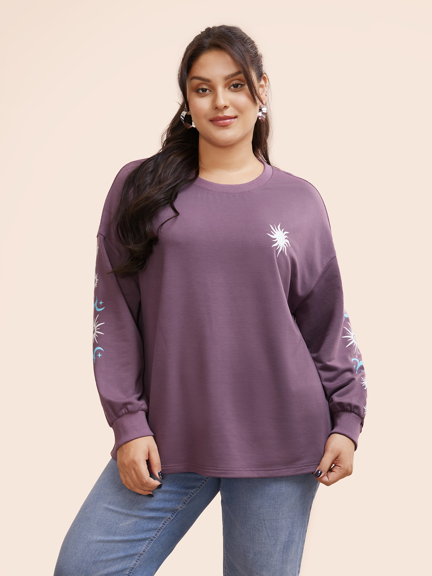 

Plus Size Moon & Star Drop Shoulder Sweatshirt Women Mauve Casual Patchwork Round Neck Everyday Sweatshirts BloomChic