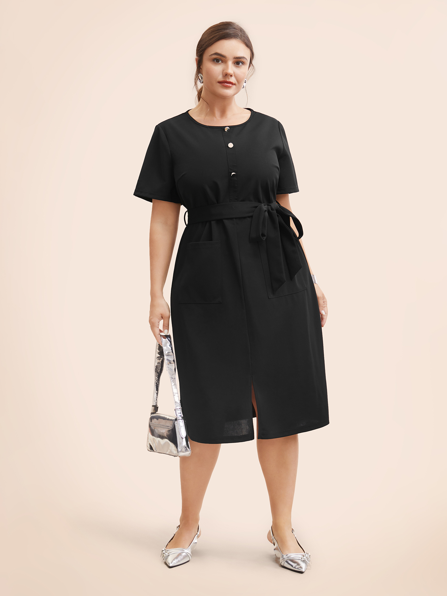 

Plus Size Crew Neck Metal Button Detail Belted Dress Black Women At the Office Belted Round Neck Short sleeve Curvy BloomChic