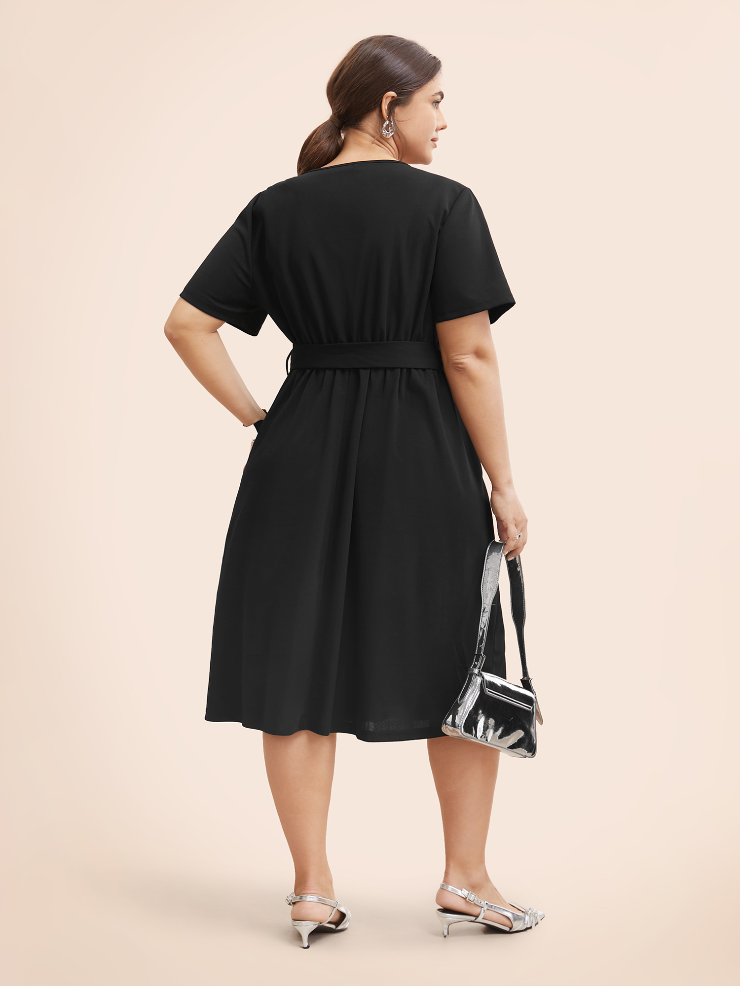 

Plus Size Crew Neck Metal Button Detail Belted Dress Black Women At the Office Belted Round Neck Short sleeve Curvy BloomChic