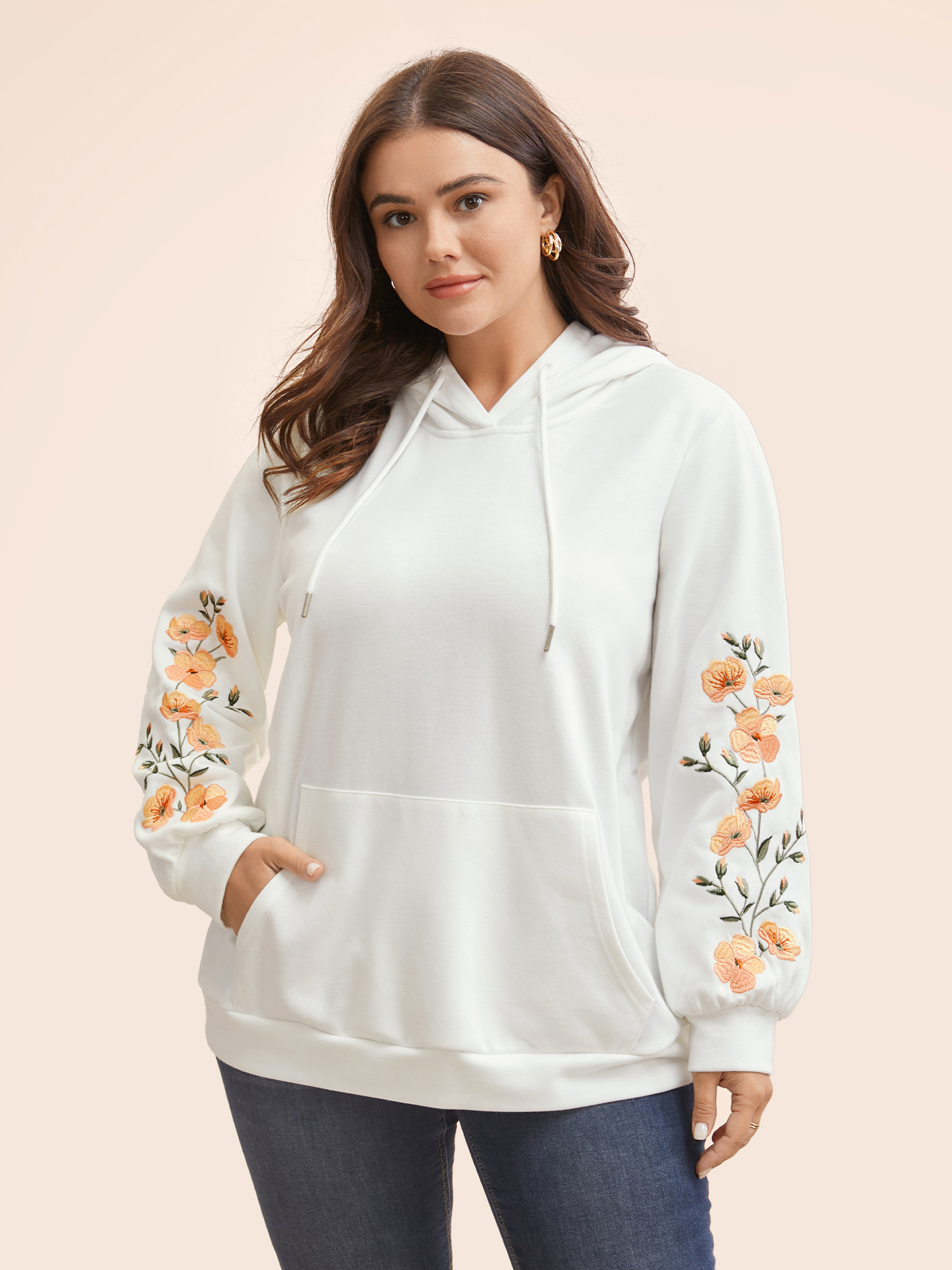 

Plus Size Floral Embroidered Hooded Drawstring Sweatshirt Women WhiteSmoke Elegant Embroidered Hooded Everyday Sweatshirts BloomChic