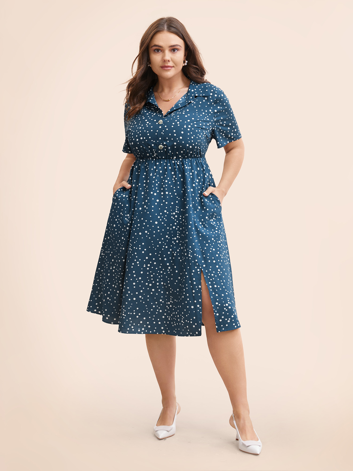 

Plus Size Polka Dot Button Detail Split Hem Midi Dress Aegean Women Elegant Button Shirt collar Short sleeve Curvy BloomChic