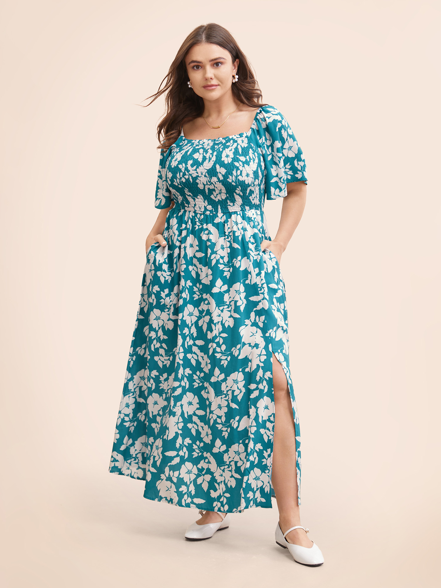 

Plus Size Silhouette Floral Print Shirred Frill Trim Dress Emerald Women Elegant Frill Trim Square Neck Short sleeve Curvy BloomChic