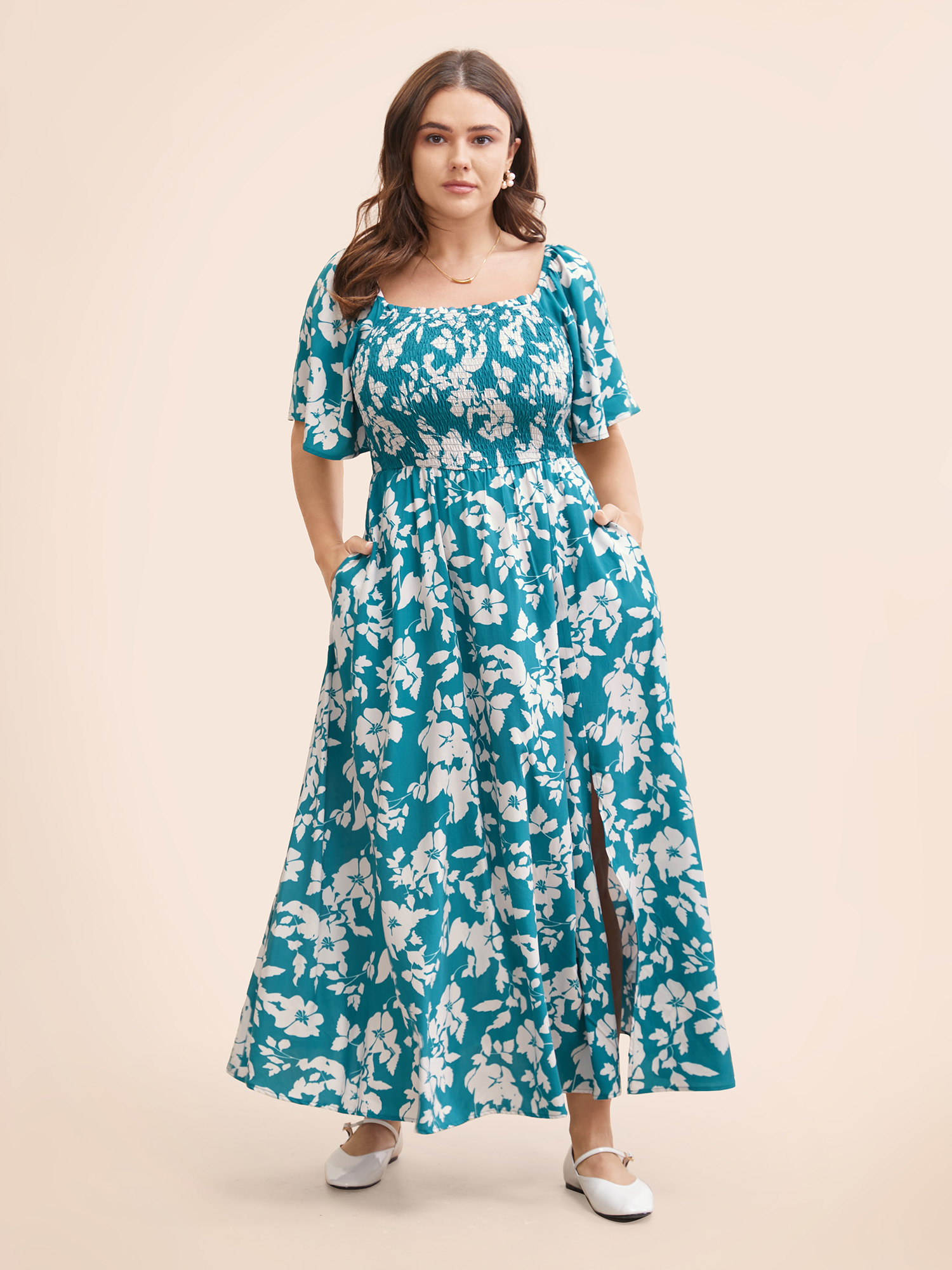 

Plus Size Silhouette Floral Print Shirred Frill Trim Dress Emerald Women Elegant Frill Trim Square Neck Short sleeve Curvy BloomChic