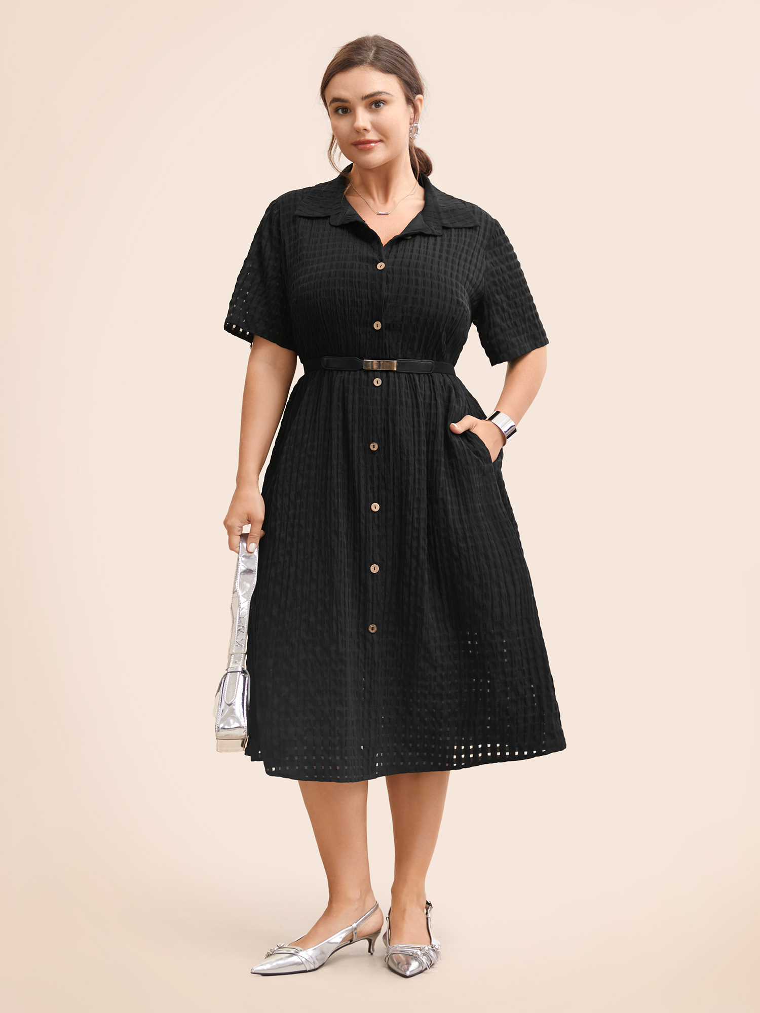 

Plus Size Plain Shirt Collar Texture Midi Dress Black Women At the Office Texture Shirt collar Short sleeve Curvy BloomChic