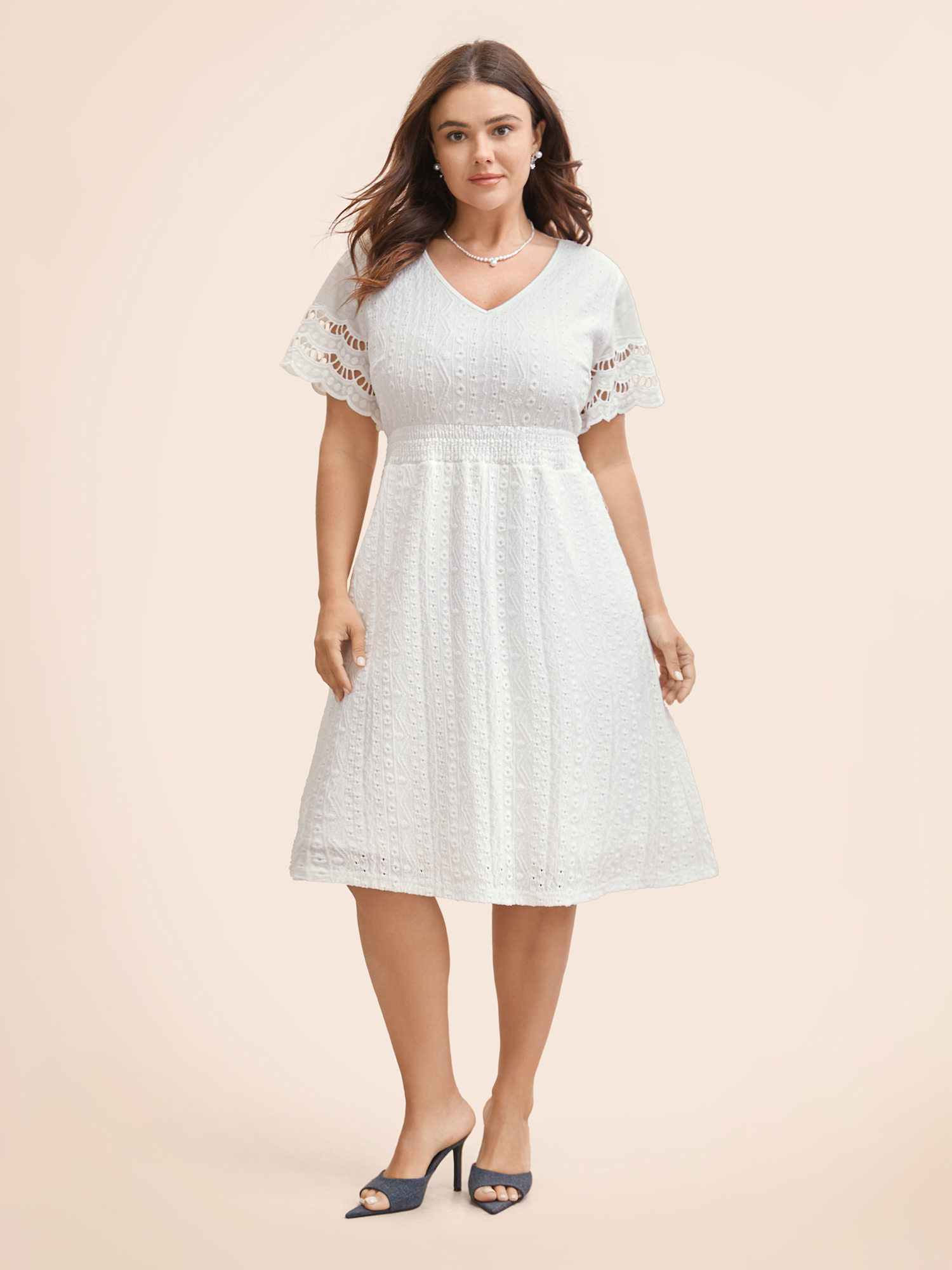 

Plus Size V Neck Shirred Lace Patchwork Dress Ivory Women Elegant Woven ribbon&lace trim V-neck Short sleeve Curvy BloomChic