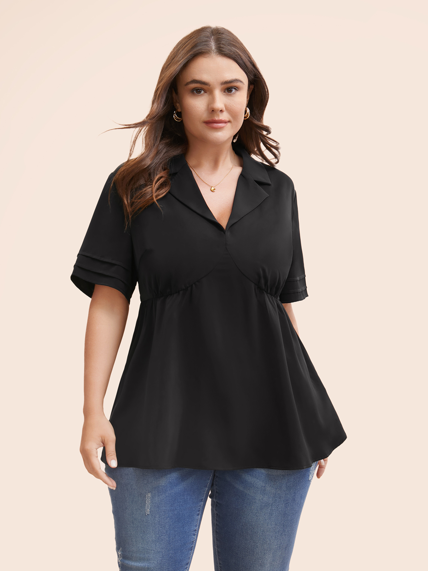 

Plus Size Black Lapel Collar Solid Pleated Blouse Women Elegant Short sleeve Shirt collar Everyday Blouses BloomChic