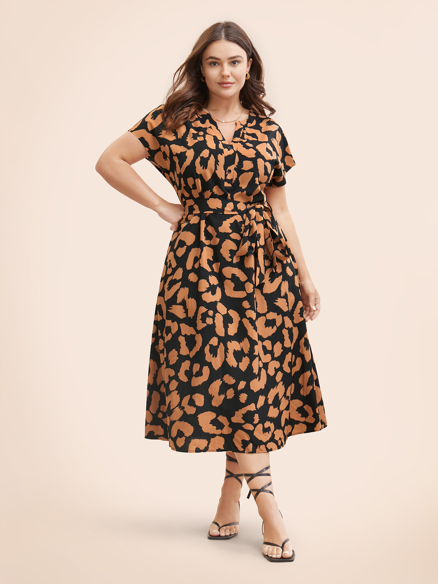 

Plus Size Leopard Print Notched Button Detail Dress Bronze Women Elegant Belted Flat collar with V-notch Short sleeve Curvy BloomChic