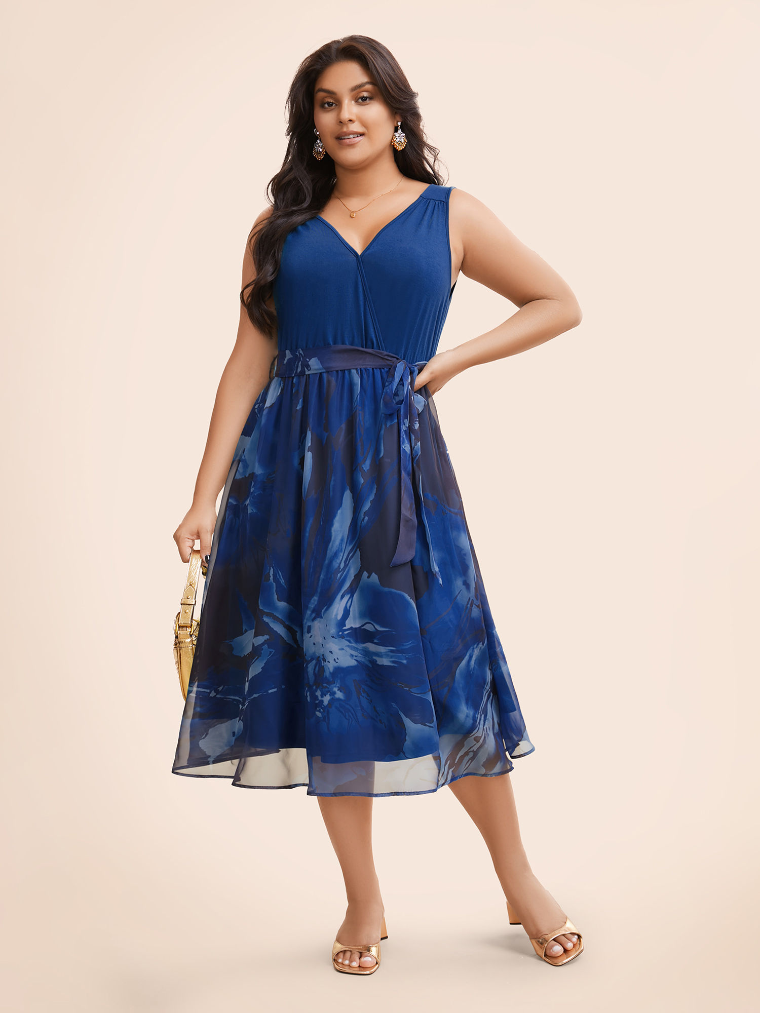 

Plus Size Floral Print Belted Patchwork Pocket Tank Dress Navy Women Glamour Wrap Overlap Collar Sleeveless Curvy Midi Dress BloomChic