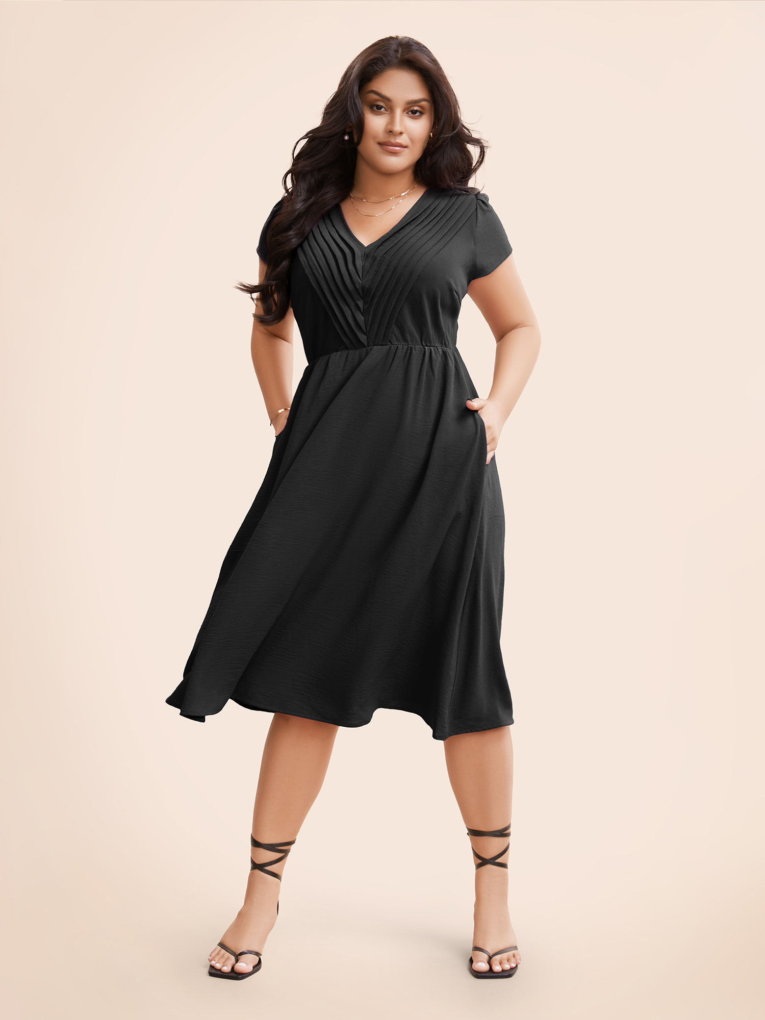 

Plus Size Solid Ruffle Trim V Neck Pocket Pleated Front Dress Black Women Elegant Pleated V-neck Cap Sleeve Curvy Midi Dress BloomChic