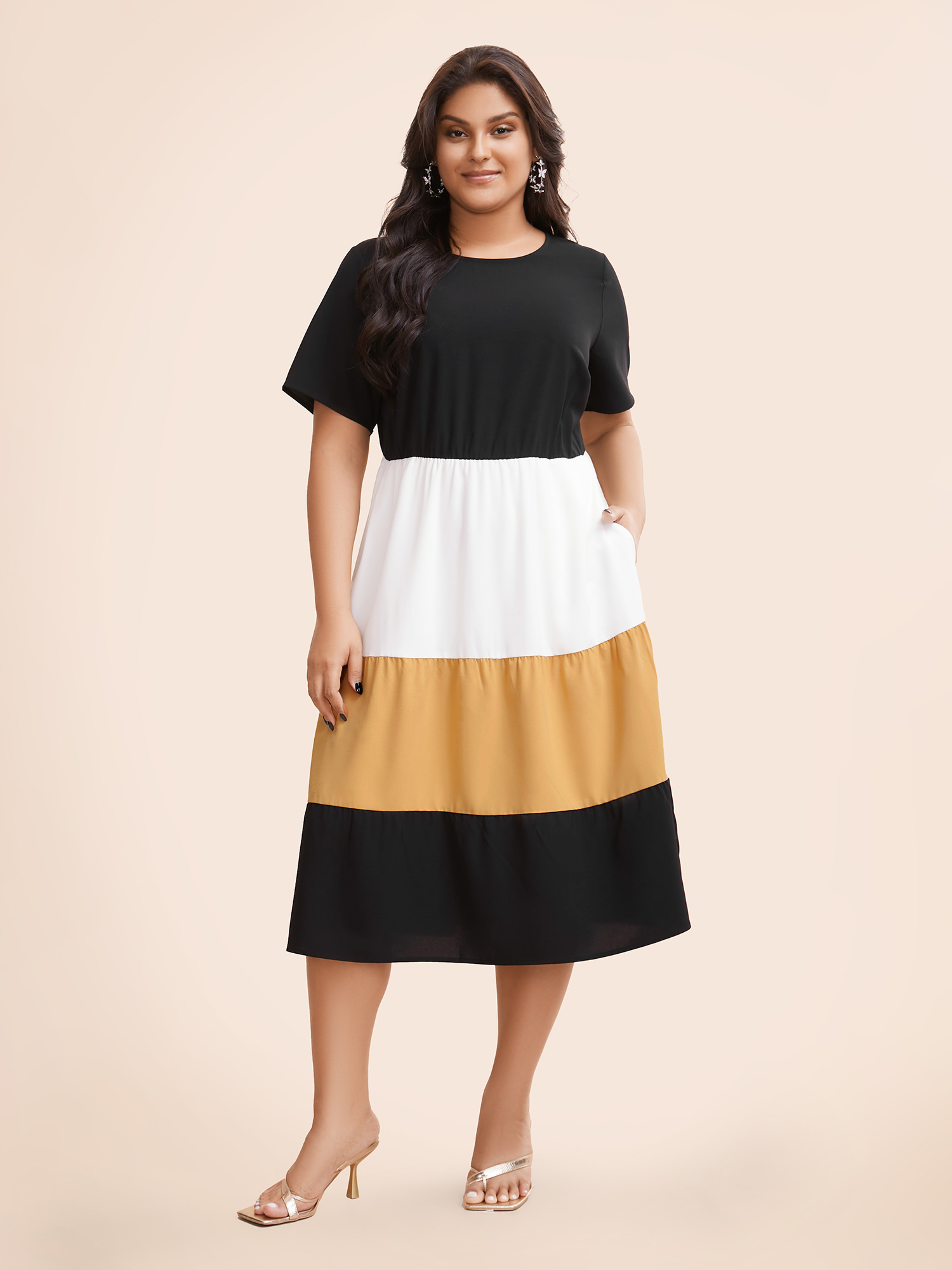 

Plus Size Contrast Belted Pocket Layered Hem Dolman Sleeve Dress Black Women Elegant Belted Round Neck Cap Sleeve Curvy Midi Dress BloomChic