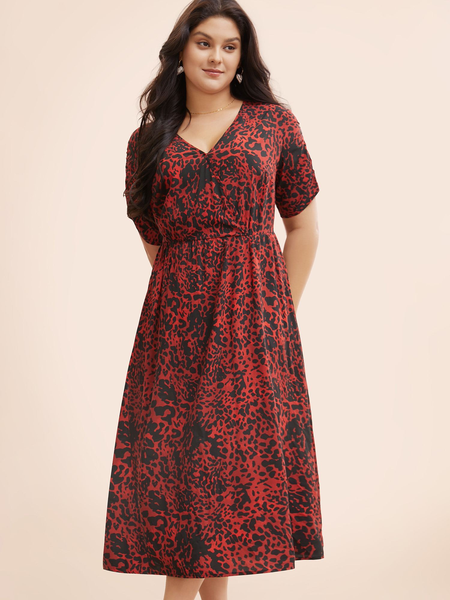 

Plus Size Leopard Print V Neck Gathered Dress Burgundy Women Elegant Gathered Overlap Collar Short sleeve Curvy BloomChic