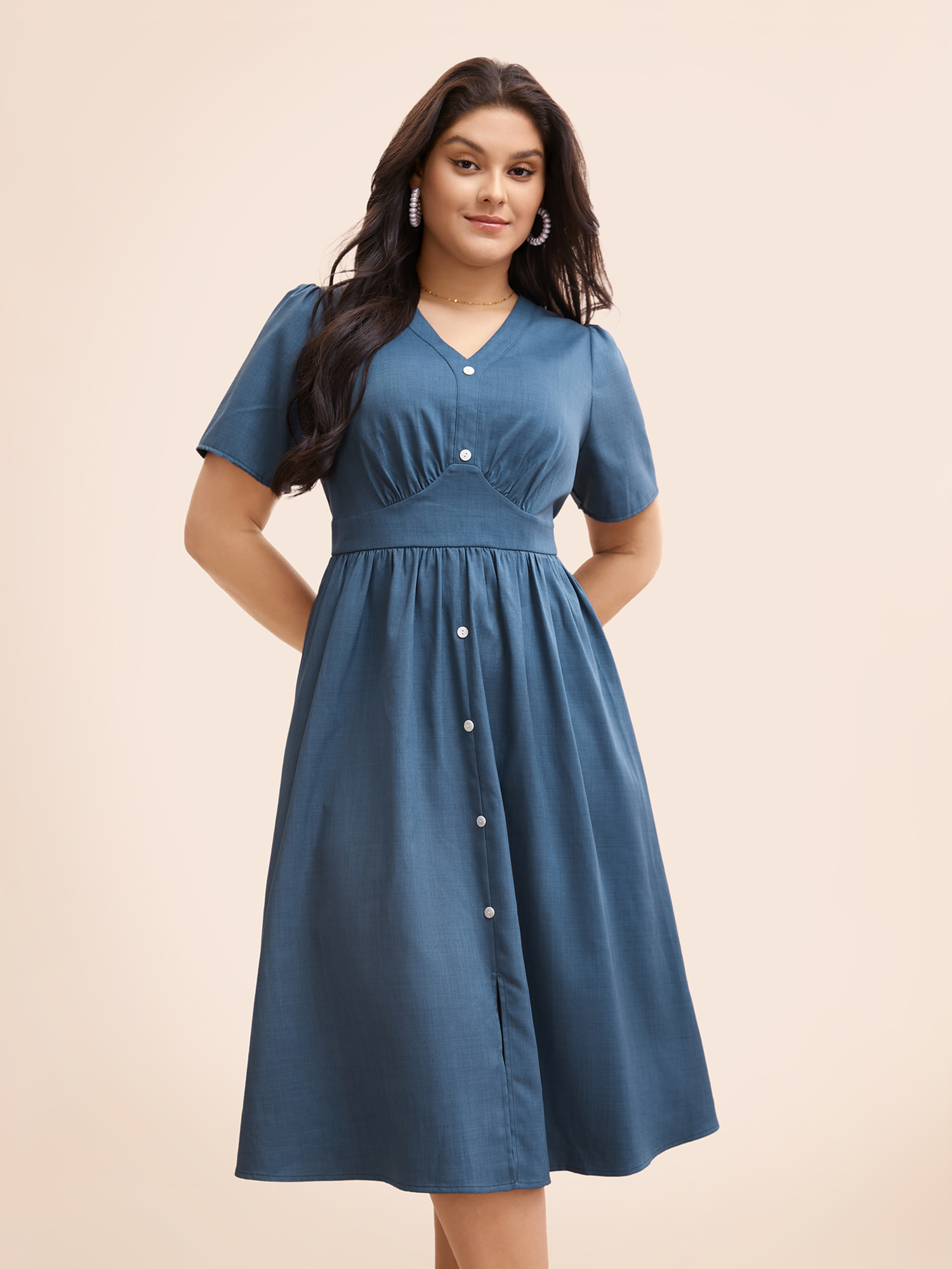 

Plus Size Denim Effect Button Detail Split Front Dress Mediumblue Women Elegant Gathered V-neck Short sleeve Curvy BloomChic