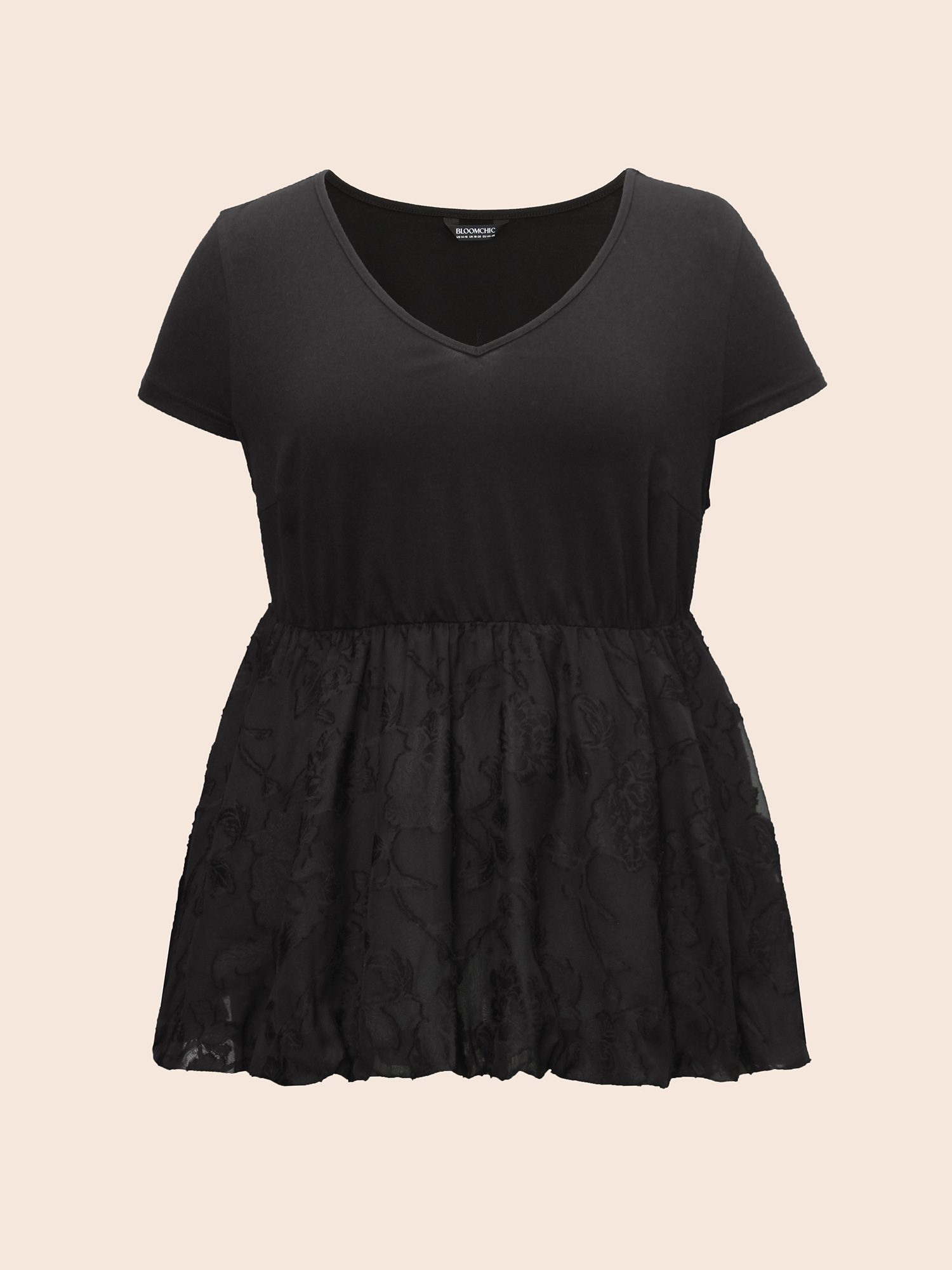 

Plus Size Solid Textured Patchwork Bubble Hem T-shirt Black V-neck Short sleeve Elegant Jersey Tops