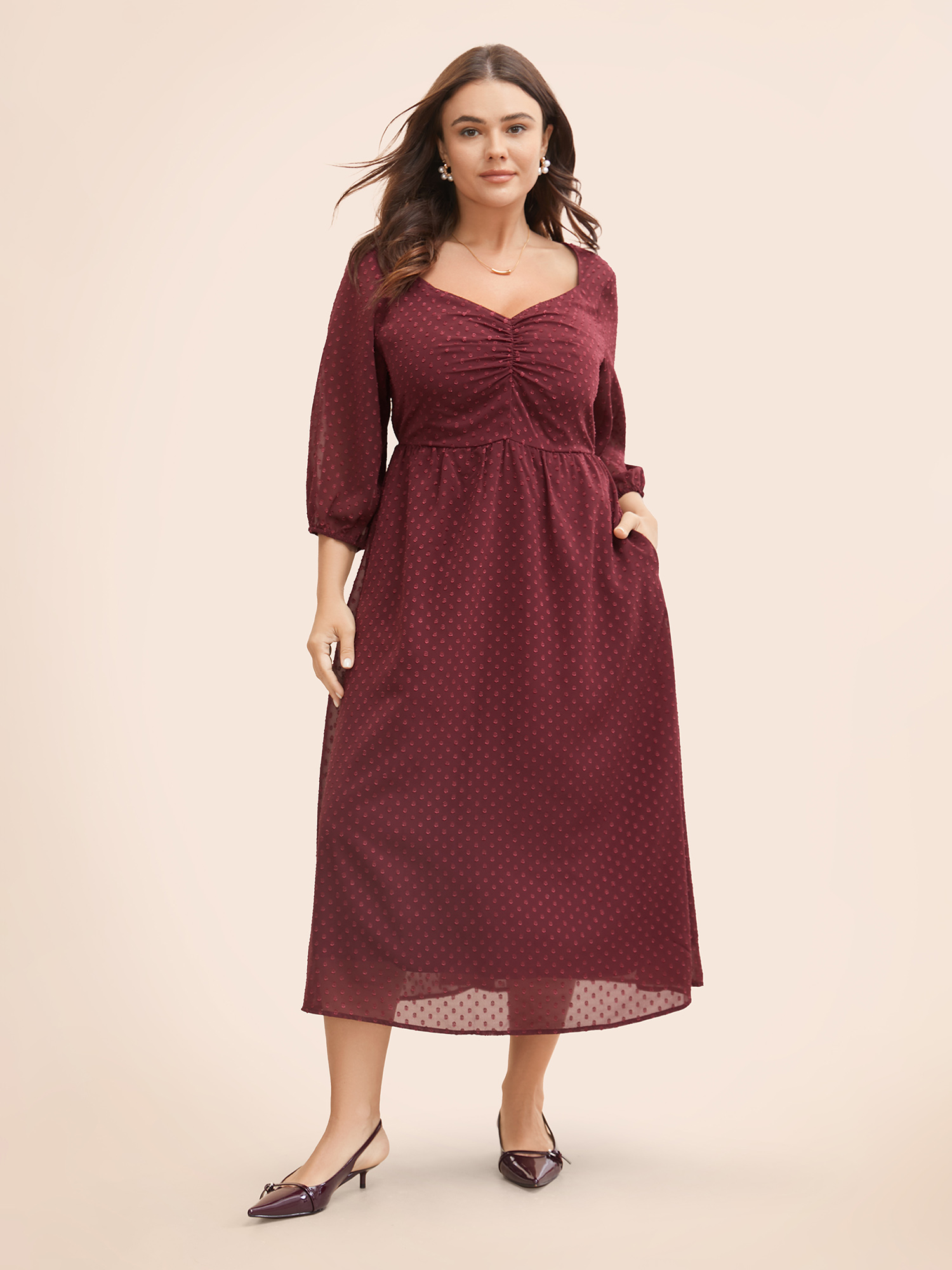 

Plus Size Plain Textured Ruched Lantern Sleeve Dress Scarlet Women Elegant Heart neckline Elbow-length sleeve Curvy BloomChic