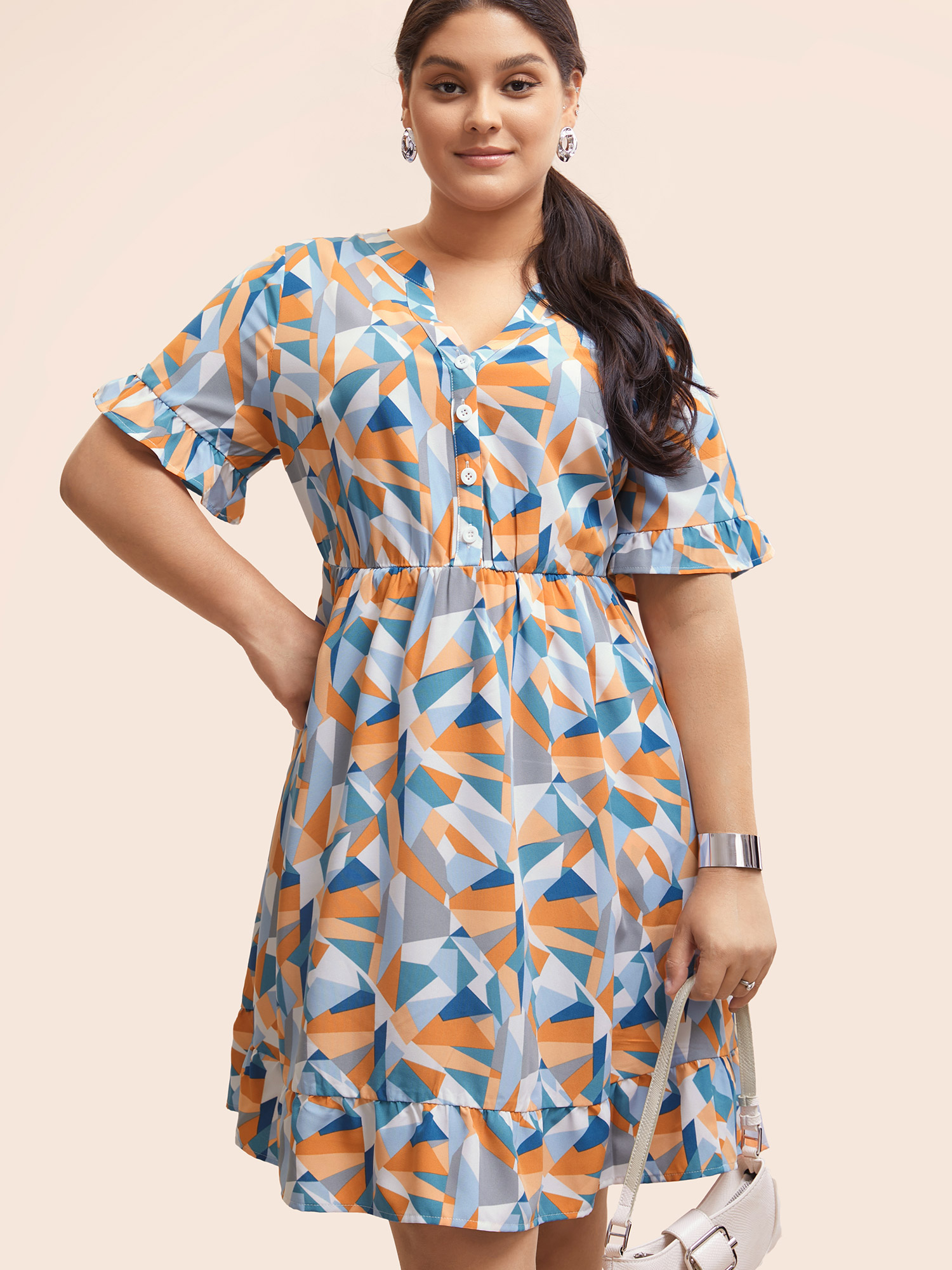 

Plus Size Colorblock Contrast Notched Ruffle Sleeve Dress Multicolor Women Workwear Essentials Frill Trim Notched collar Half Sleeve Curvy BloomChic