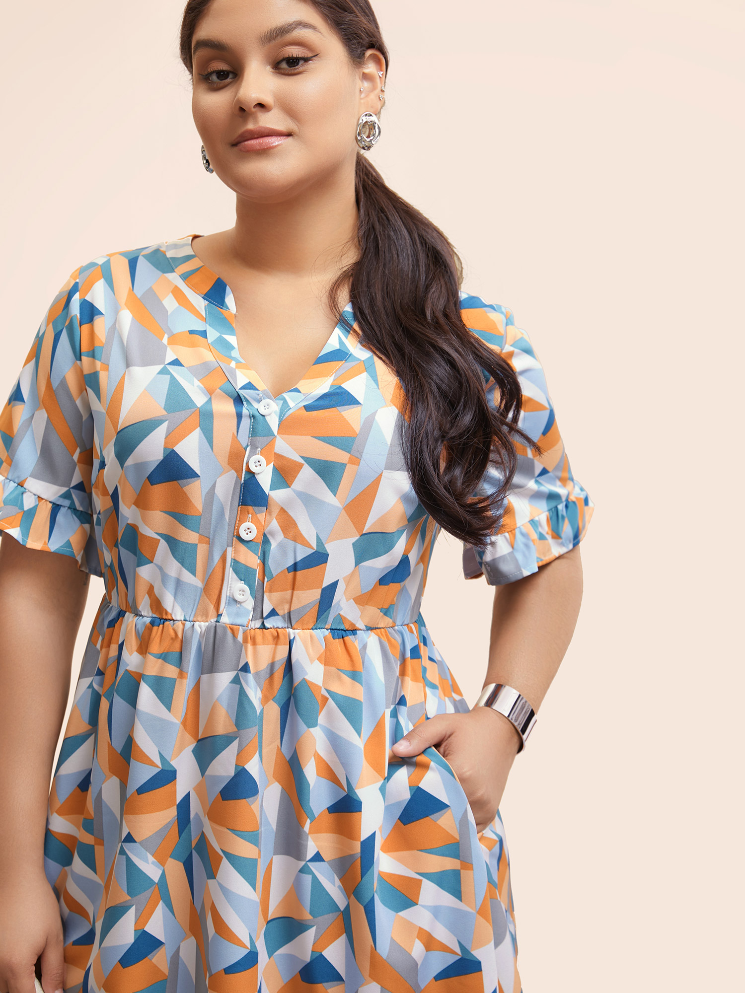 Plus Size Colorblock Contrast Notched Ruffle Sleeve Dress Multicolor Women Workwear Essentials Frill Trim Notched collar Half Sleeve Curvy BloomChic 26/4X 