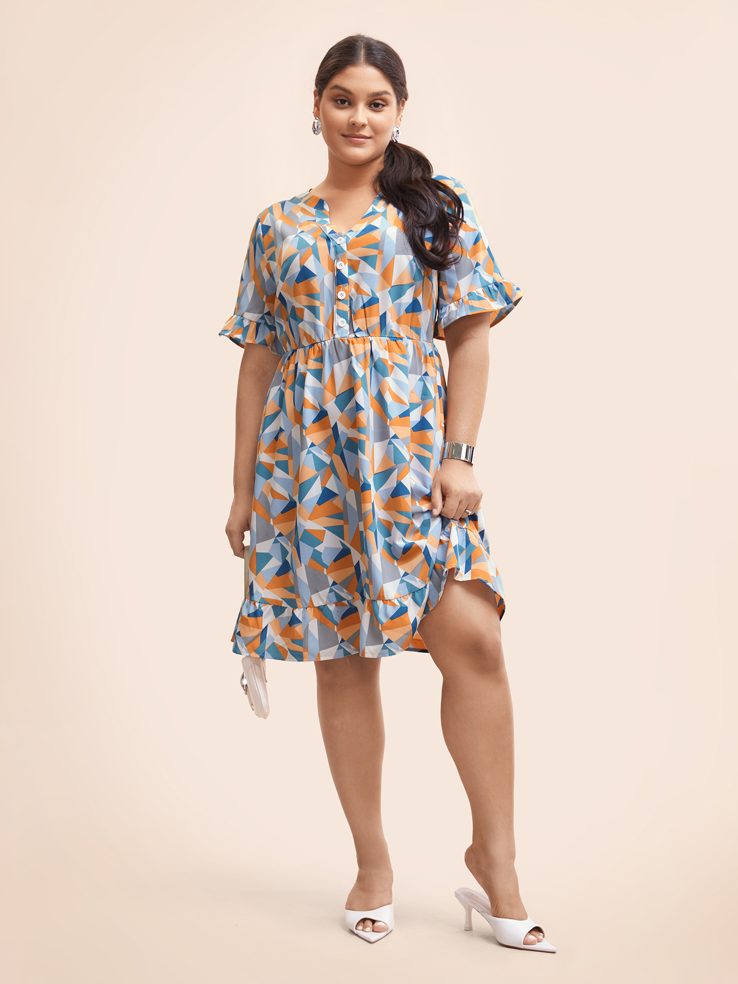 Plus Size Colorblock Contrast Notched Ruffle Sleeve Dress Multicolor Women Workwear Essentials Frill Trim Notched collar Half Sleeve Curvy BloomChic 26/4X 