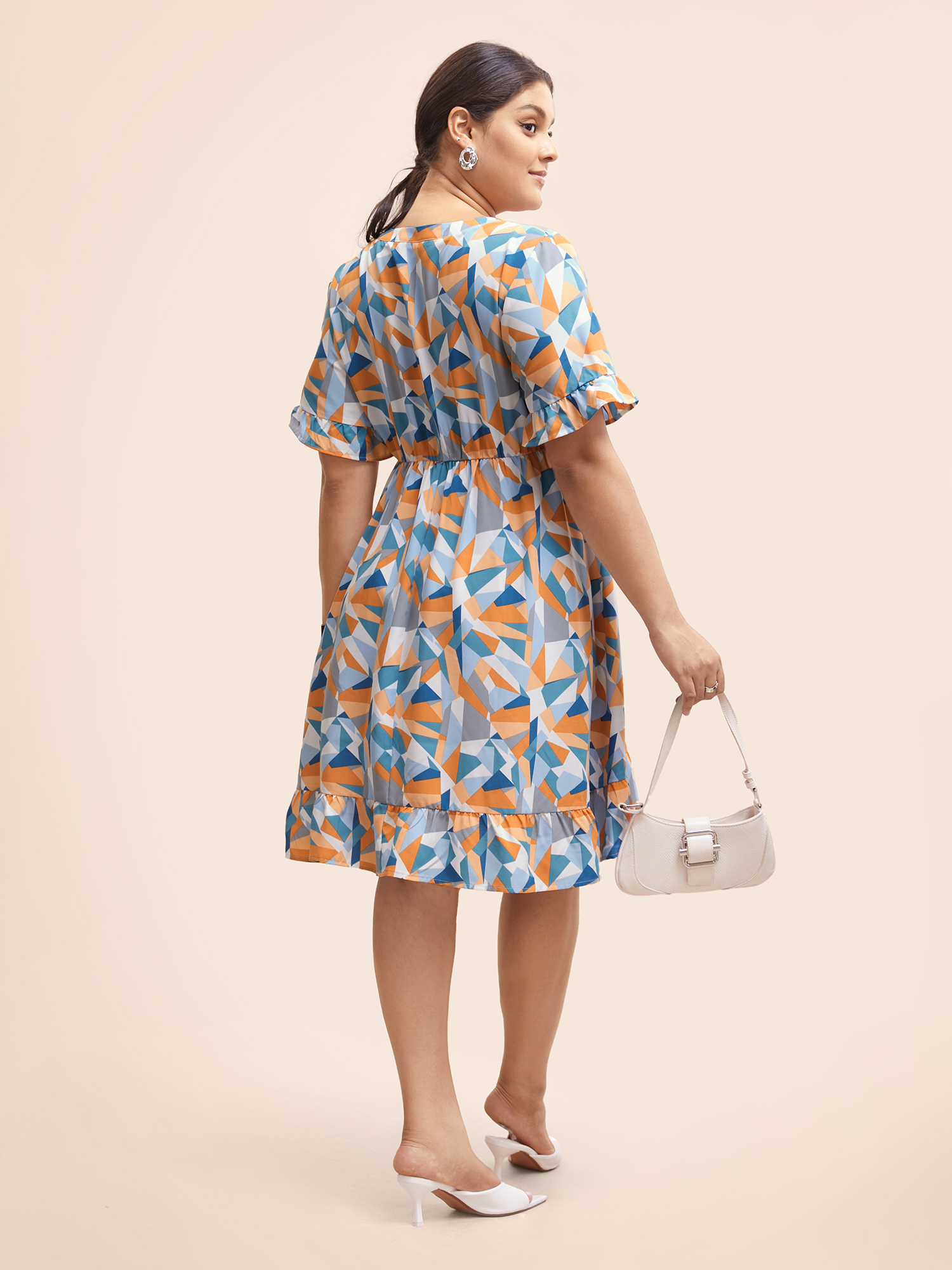 Plus Size Colorblock Contrast Notched Ruffle Sleeve Dress Multicolor Women Workwear Essentials Frill Trim Notched collar Half Sleeve Curvy BloomChic 26/4X 