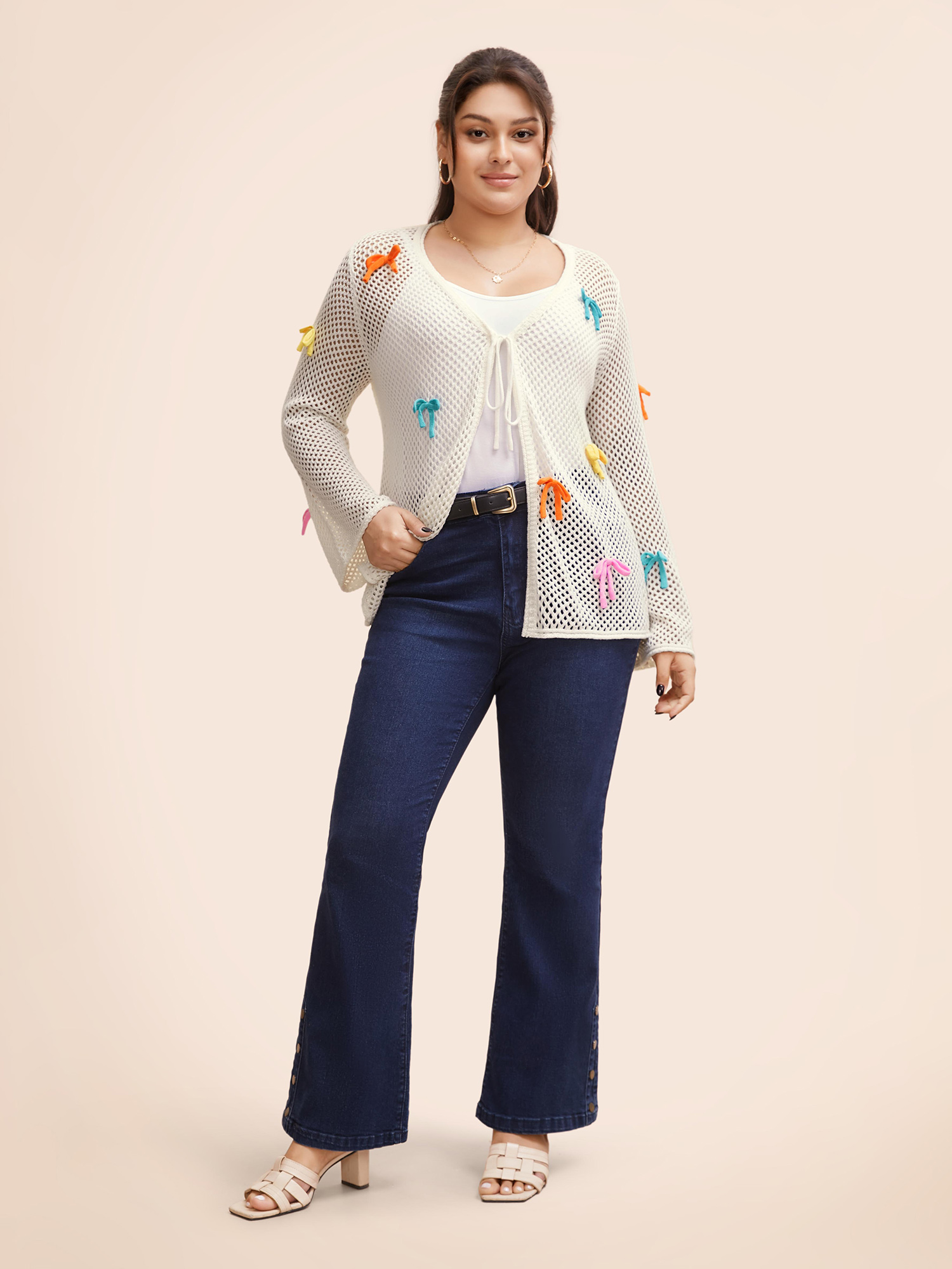 Plus Size Bowknot Tie Knot Bell Sleeve Cardigan Ivory Women Casual Loose Long Sleeve Everyday Cardigans BloomChic 28/5X 