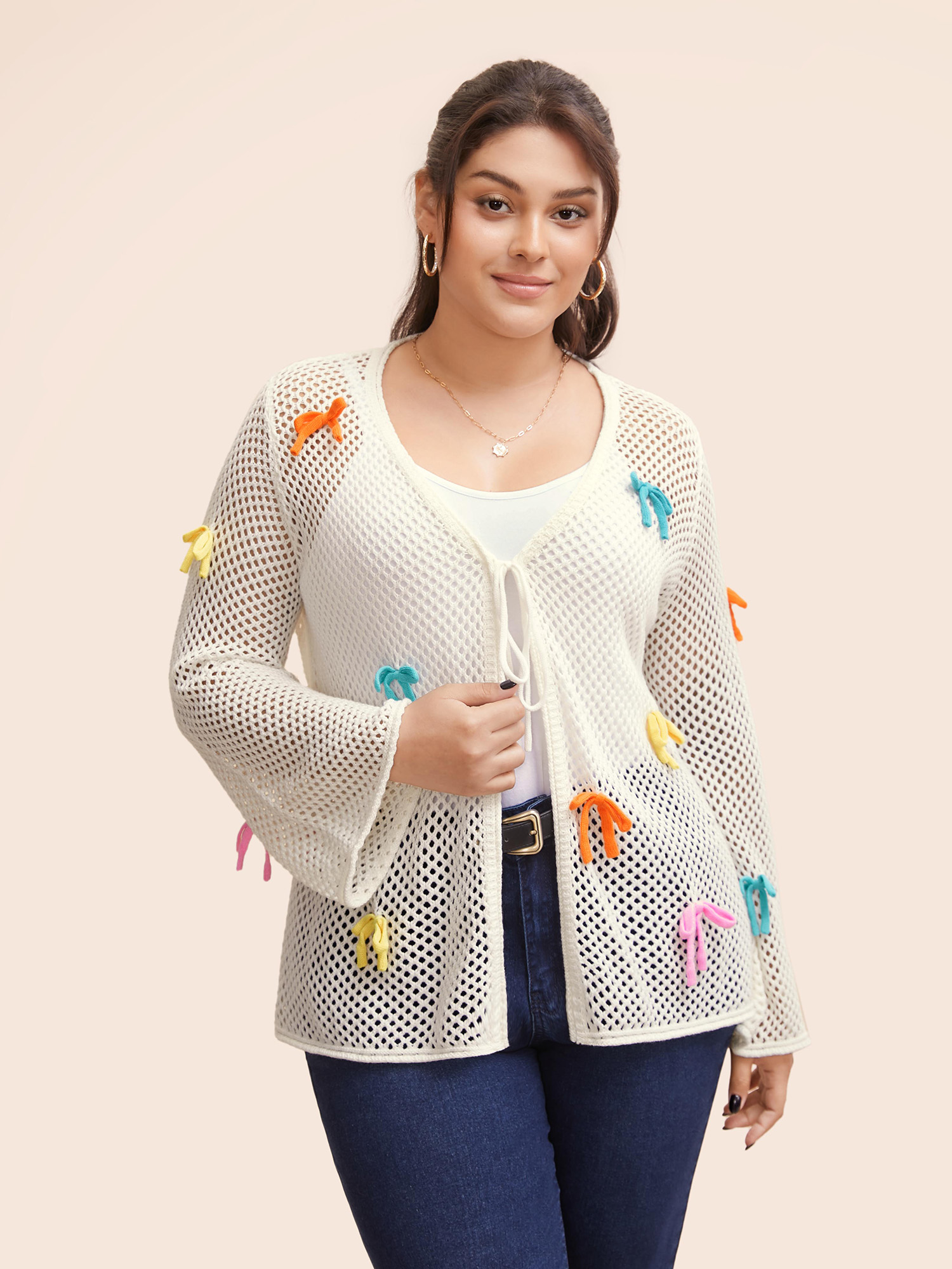 Plus Size Bowknot Tie Knot Bell Sleeve Cardigan Ivory Women Casual Loose Long Sleeve Everyday Cardigans BloomChic 28/5X 