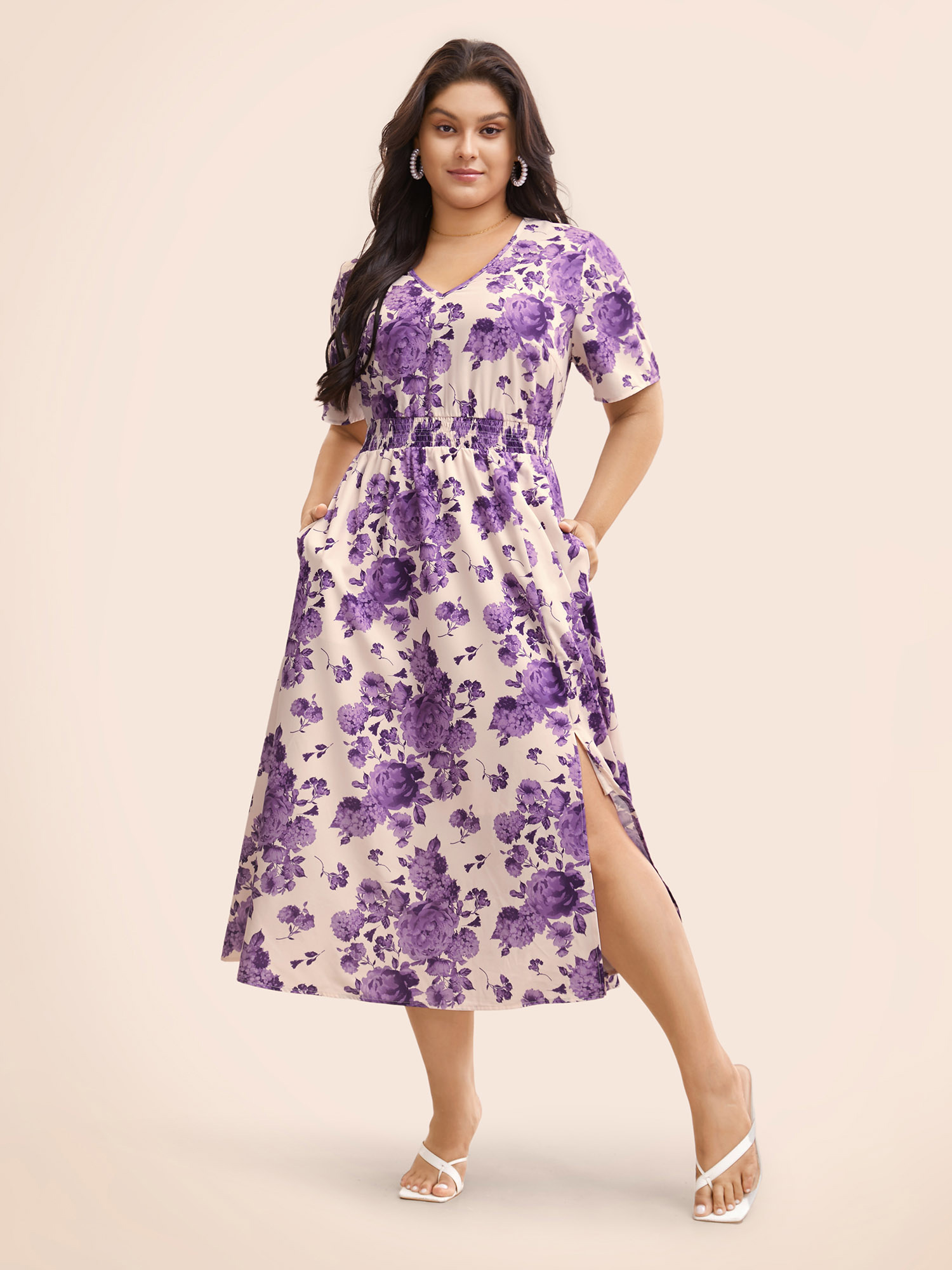 

Plus Size Floral Print Split Side Shirred Dress BlueViolet Women Elegant Shirred V-neck Short sleeve Curvy BloomChic