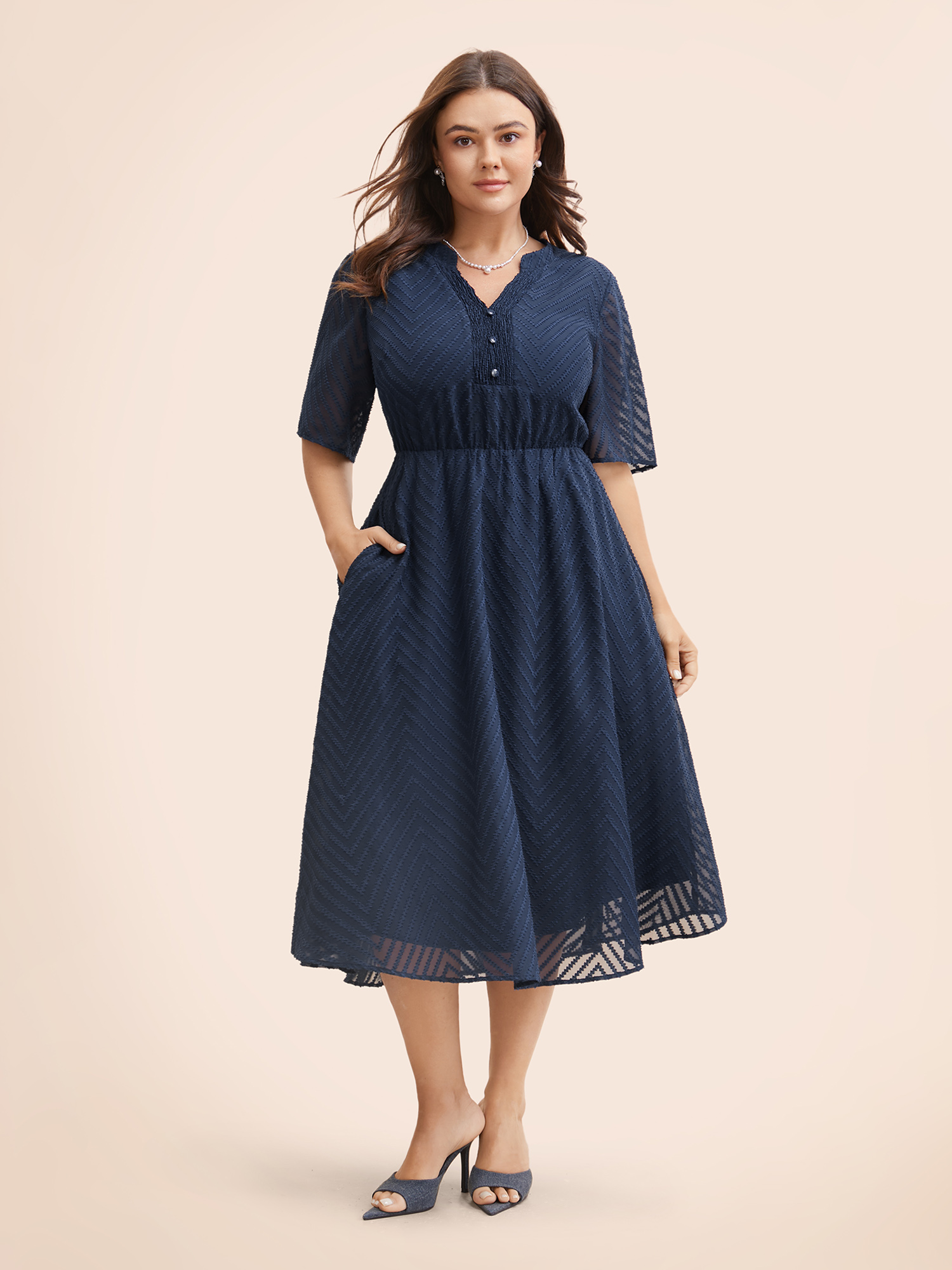 

Plus Size Texture Shirred Button Detail Midi Dress Navy Women At the Office Texture Flat collar with V-notch Half Sleeve Curvy BloomChic