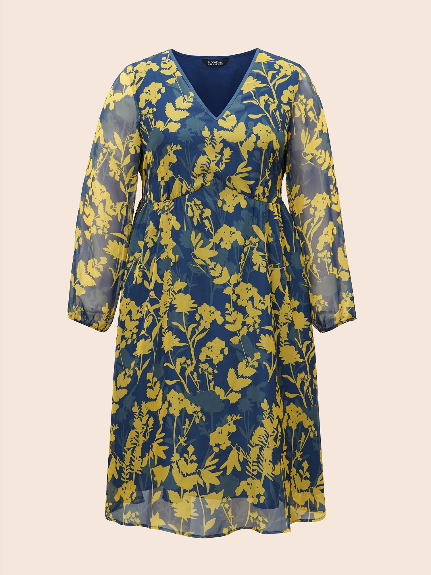 

Plus Size V Neck Silhouette Floral Print Mesh Dress Navy Women Elegant Gathered V-neck Long Sleeve Curvy BloomChic