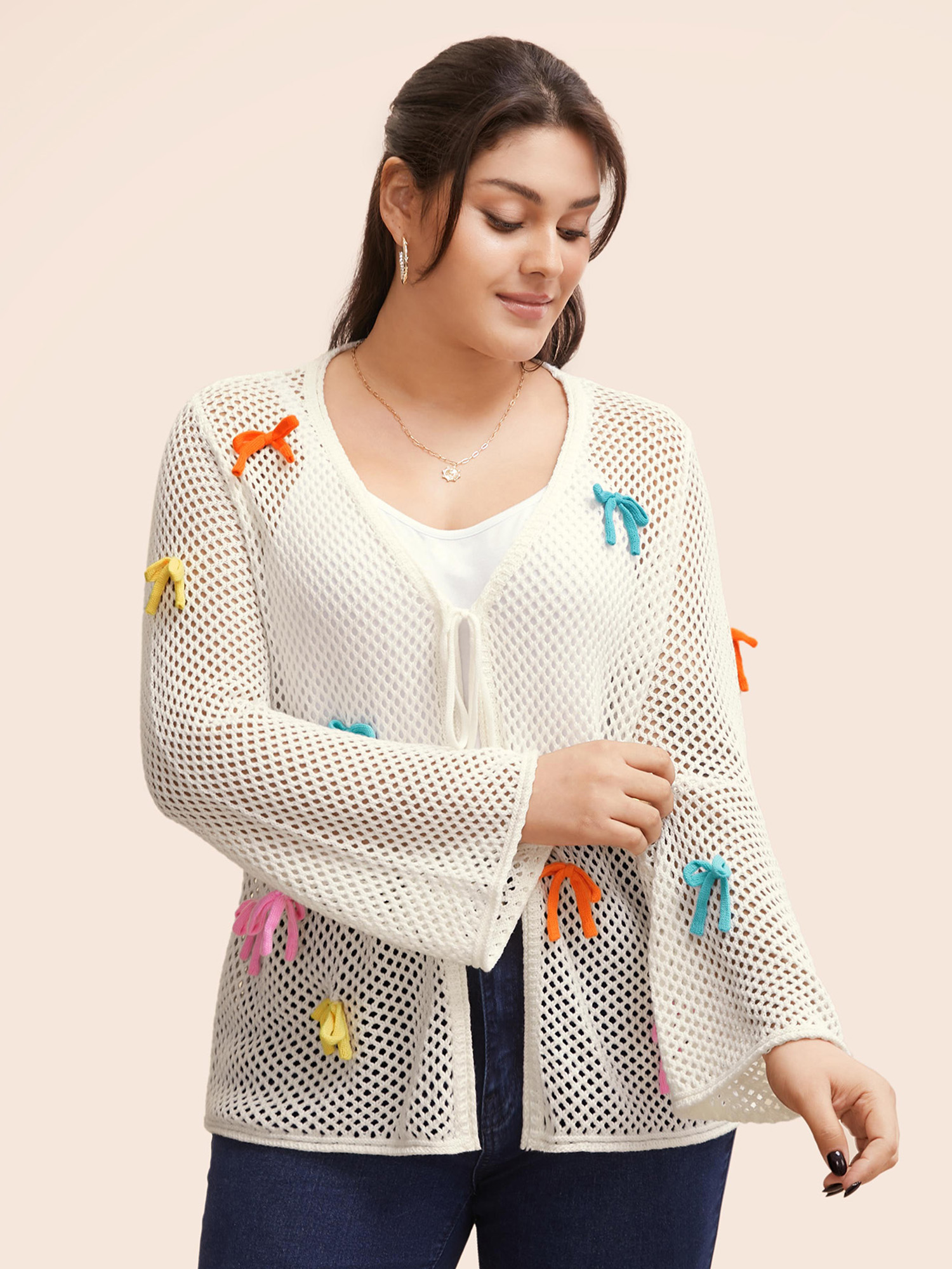 Plus Size Bowknot Tie Knot Bell Sleeve Cardigan Ivory Women Casual Loose Long Sleeve Everyday Cardigans BloomChic 28/5X 